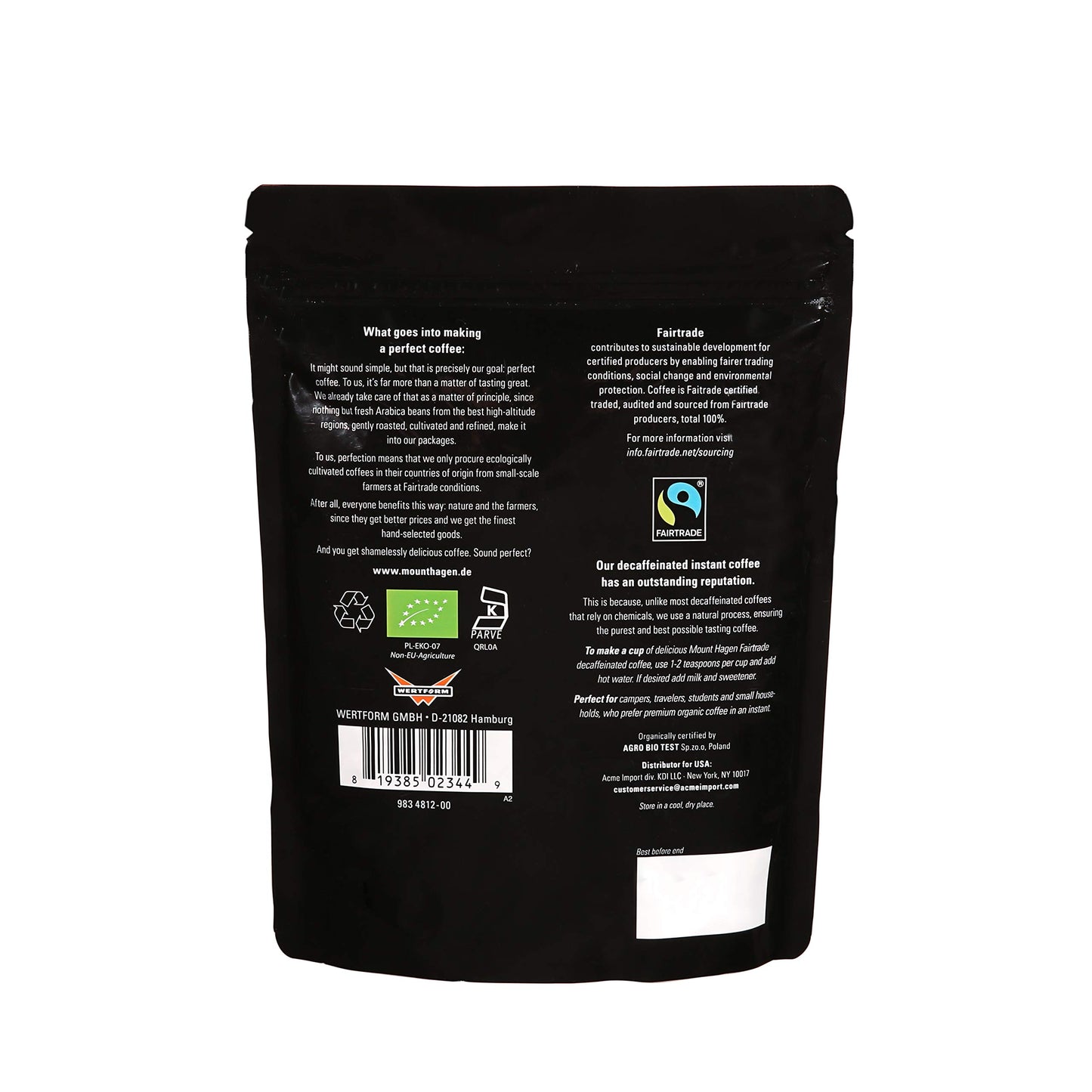 Mount Hagen 7.05oz Organic Freeze Dried Instant Caffeinated + Decaffeinated Coffee Resealable Pouch Bags - 2 Pack | Eco-friendly
