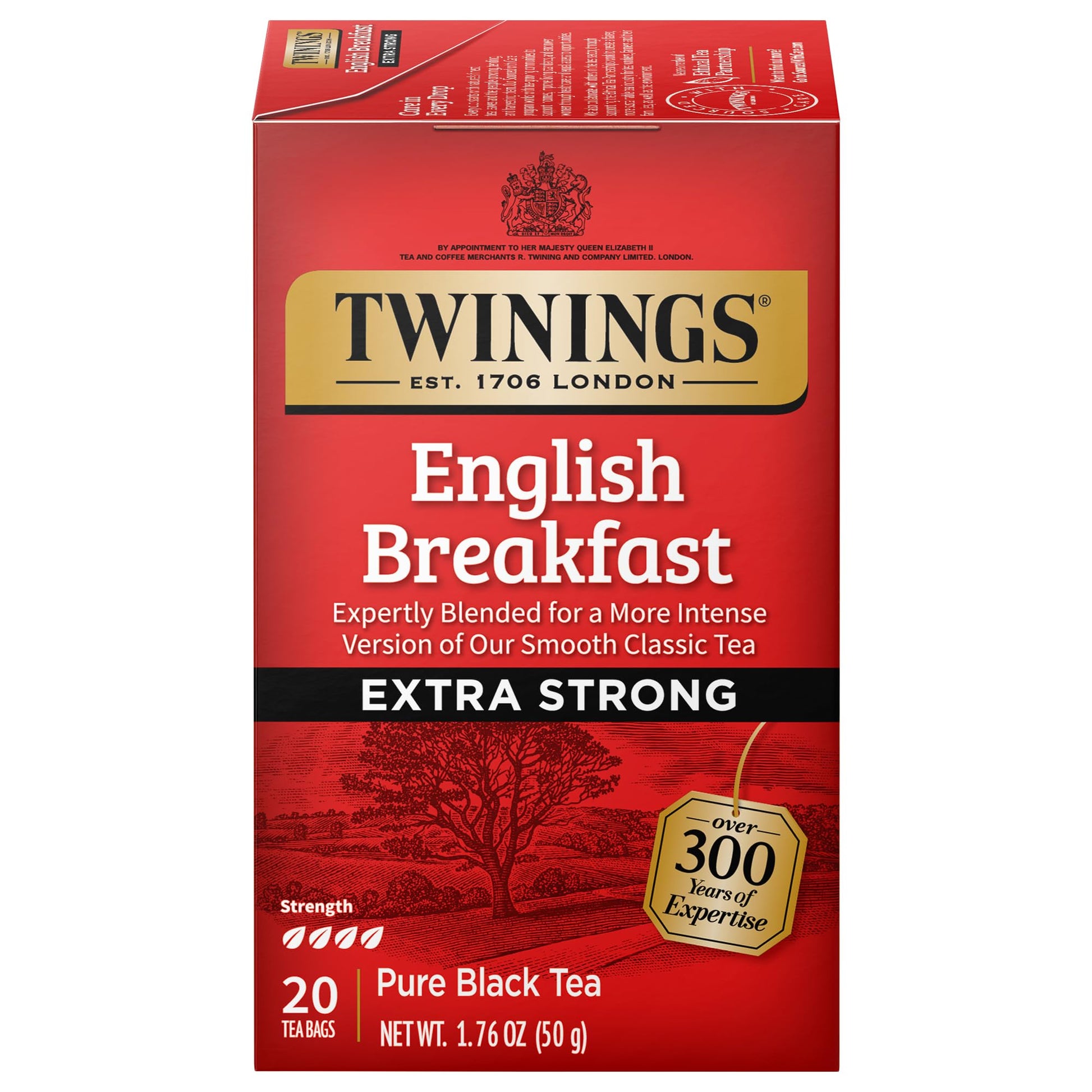 Twinings Extra Bold English Breakfast Black Tea Individually Wrapped Bags, 20 Count (Pack of 1), 20 Teabags Per Box, Robust, Caf