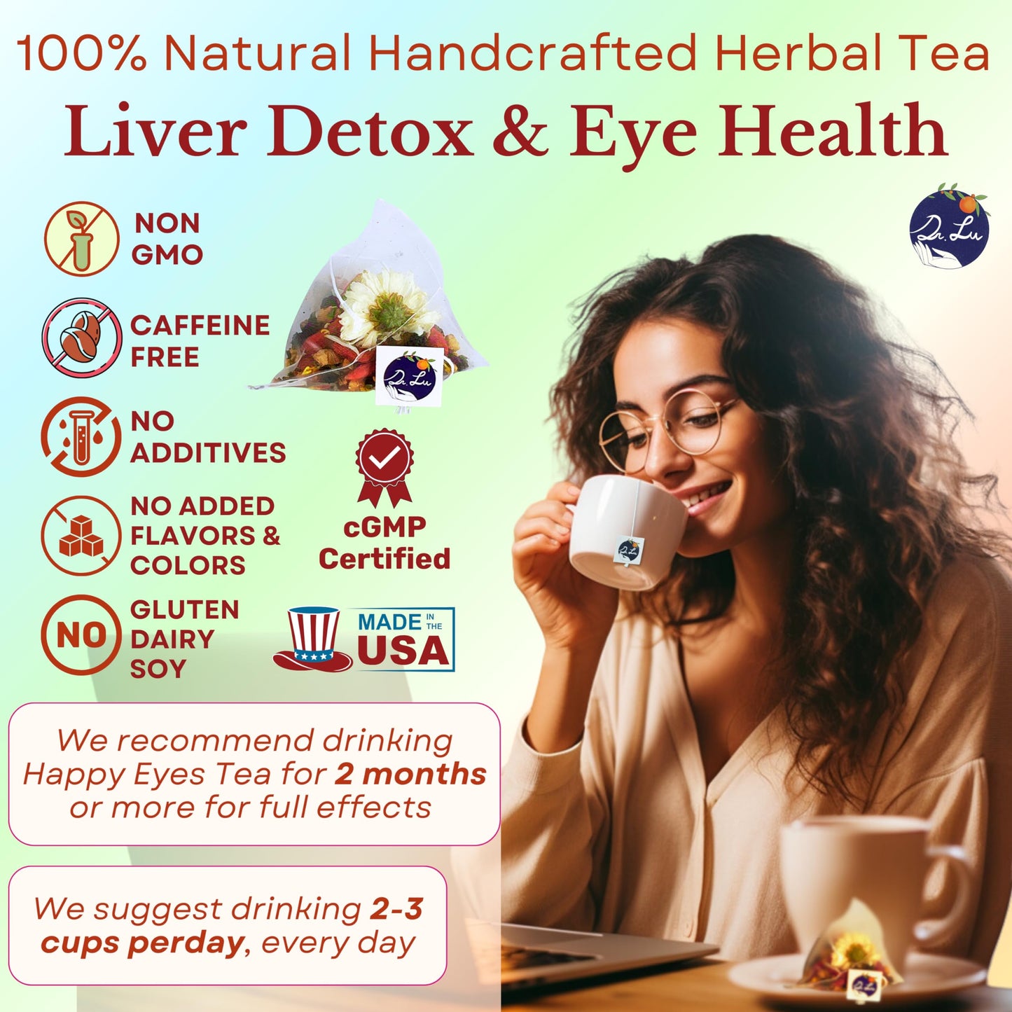 Dr. Lu Happy Eyes Tea - Eyebright Herbal Tea for Eye Health - 15 Count Pack - Chrysanthemum, Cassia Seed, Goji Berries, Mulberries