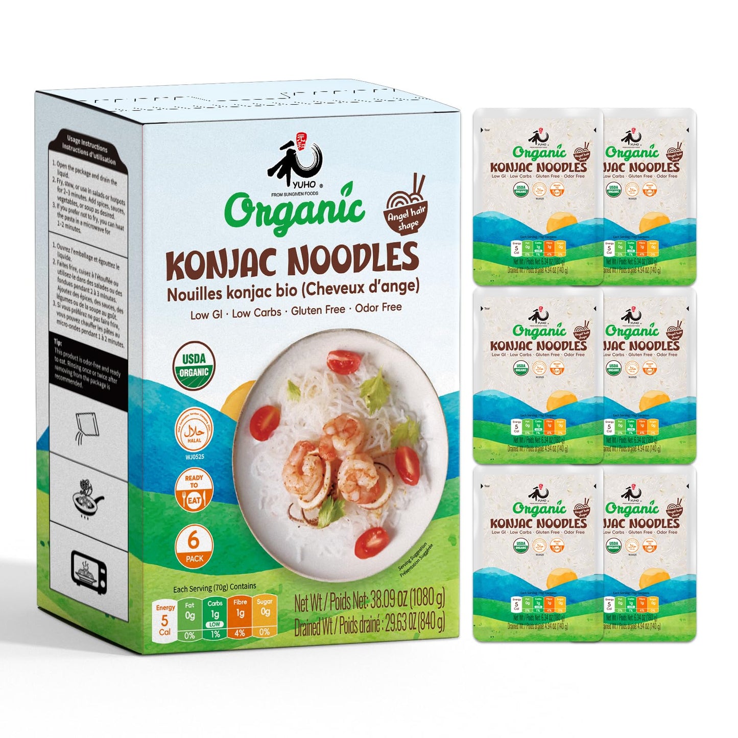 YUHO Organic Konjac Shirataki Noodle  Low Carb Pasta 38.09 Oz (1080 g)  Angel Hair  USDA Organic Healthy Spaghetti (6 Pack Inside)  Keto and Paleo Friendly  Low Calorie  Sugar Free  Vegan  Ready to Eat
