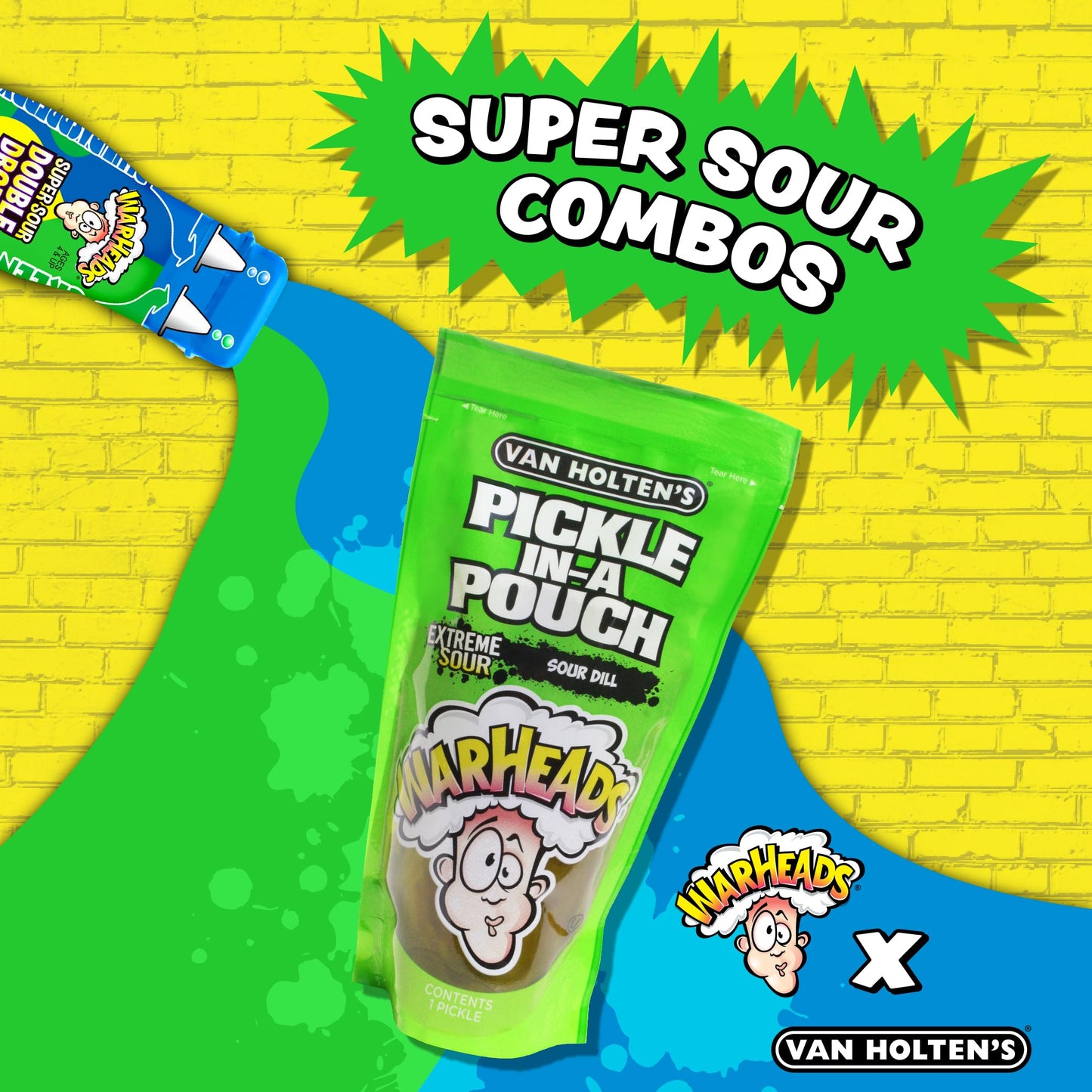 Van Holten'S Pickle Kit - Warheads Jumbo Sour Dill Pickle-In-A-Pouch With Warheads Cubes 5 Oz Peg Bag, Warheads Double Drops, An