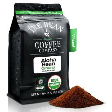 The Bean Organic Coffee Company Aloha Bean (Hawaiian Hazelnut), Medium Roast, Ground Coffee, 16-Ounce Bag,Café Molido Tostado Organico