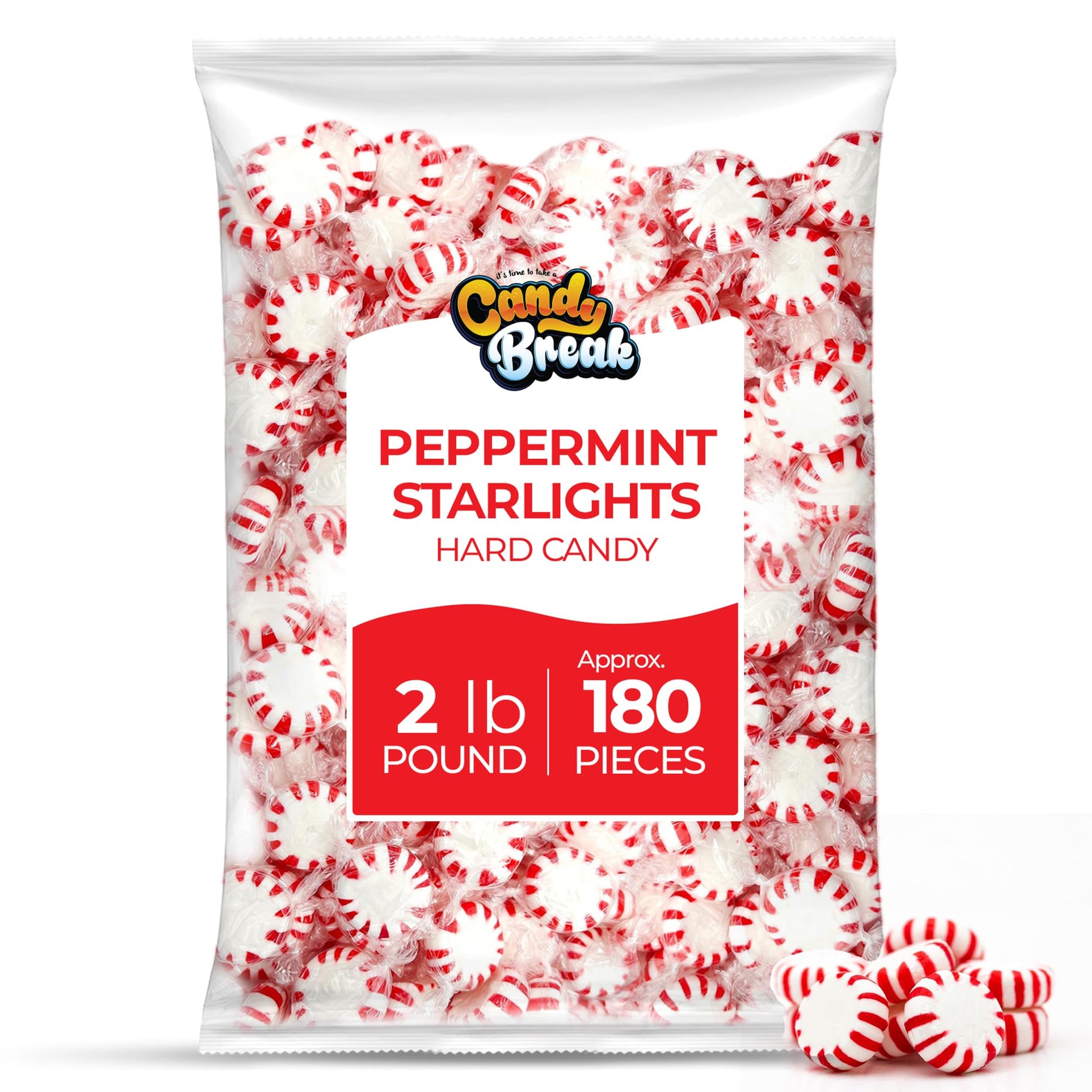 CANDY BREAK Starlight Peppermint Mints - Hard Candy, Individually Wrapped, 150 Count, 2 lbs Bulk Bag for Parties and Holidays