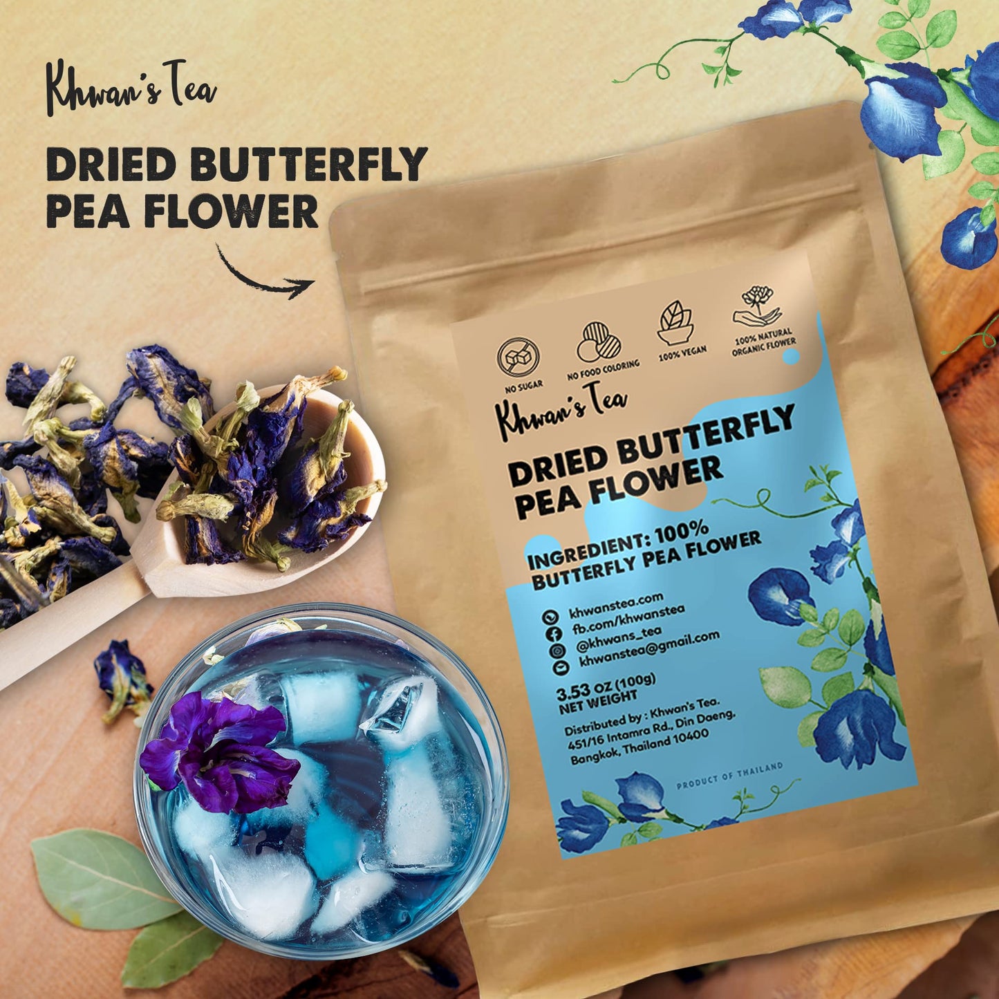 KHWANS TEA Dried Butterfly Pea Flowers Herbal Tea, Caffeine Free, Vegan, 3.53 oz (100g)