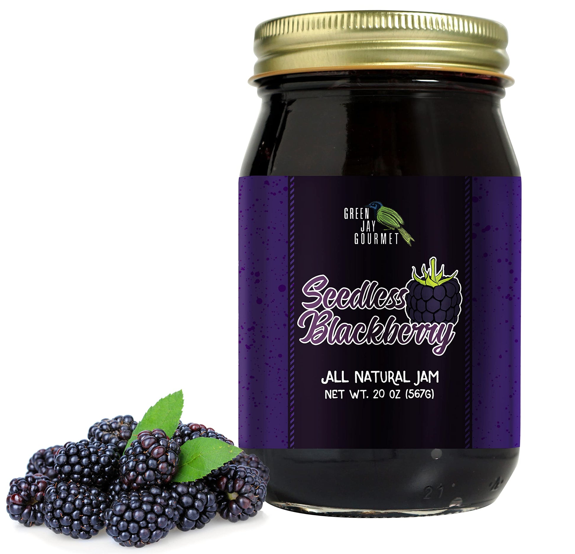 Green Jay Gourmet Seedless Blackberry Jam - All-Natural Fruit Jam With Blackberries & Lemon Juice - Vegan, Gluten-Free Jam - Con