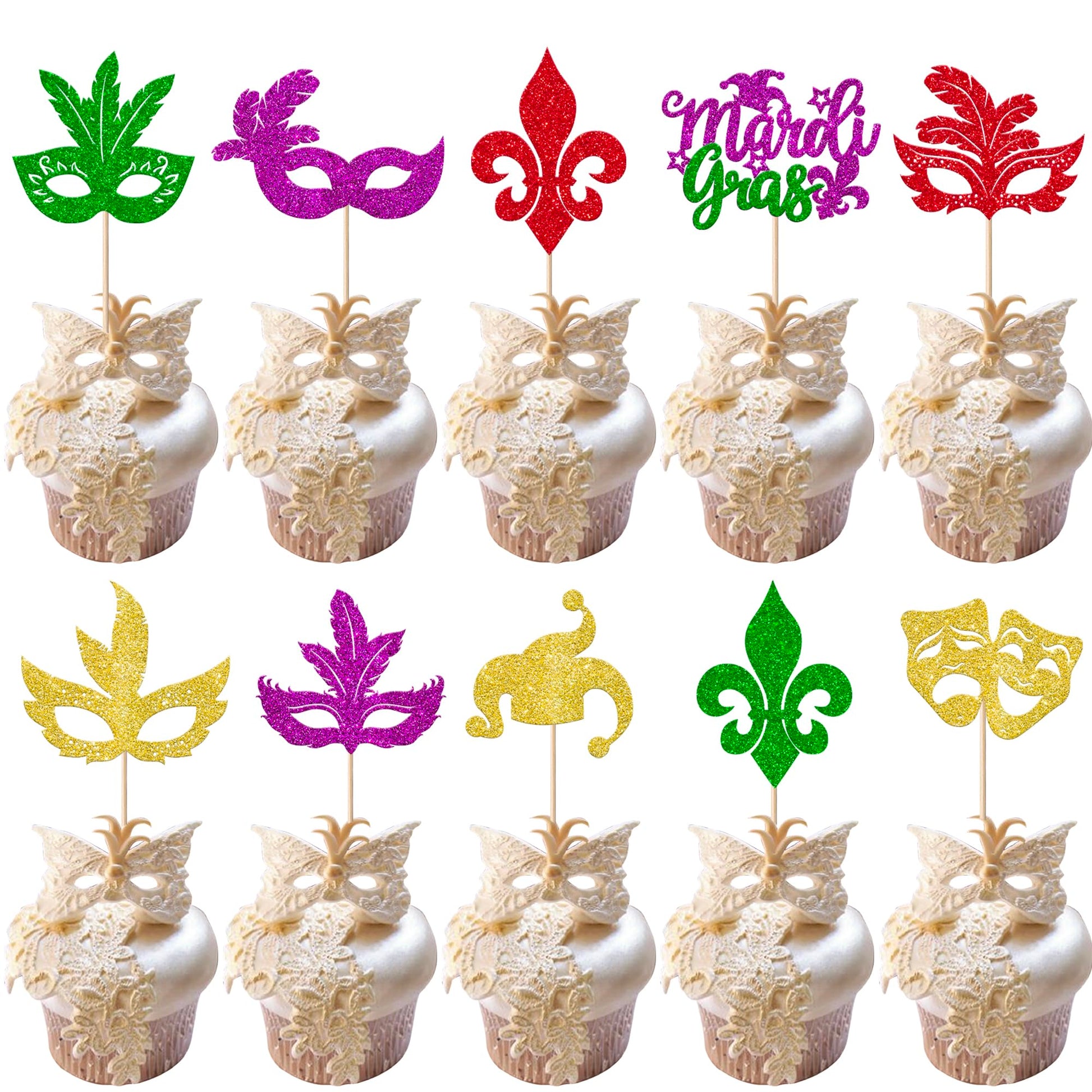 Rsstarxi 30 Pack Mardi Gras Cupcake Toppers Glitter Masquerade Masks Cupcake Picks Masquerade Mardi Gras Party Baby Shower Birthday Bachelorette Party Cake Decorations Supplies