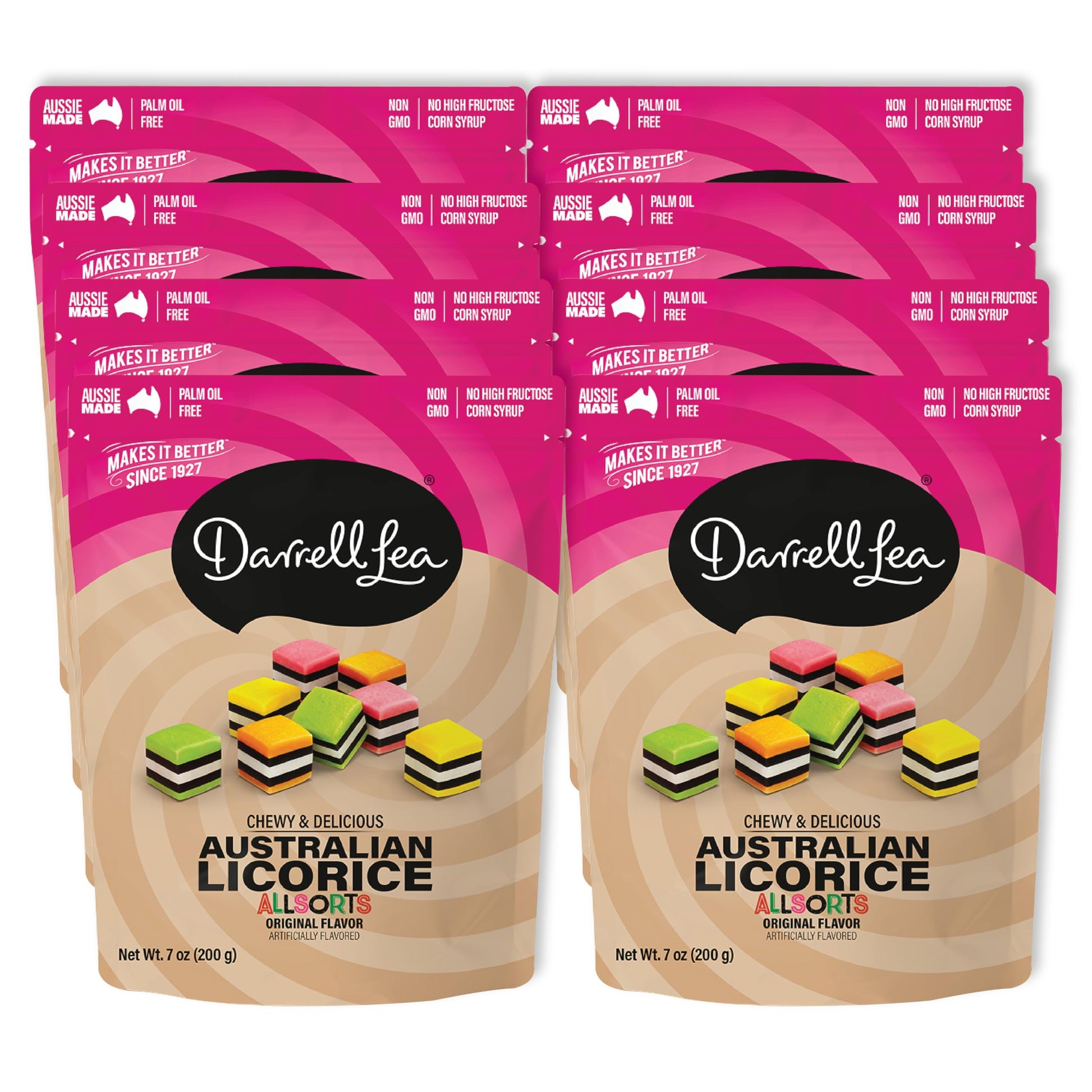 Darrell Lea Soft Licorice Allsorts, Non-GMO, 7 Ounce Bag (8-Pack), Black