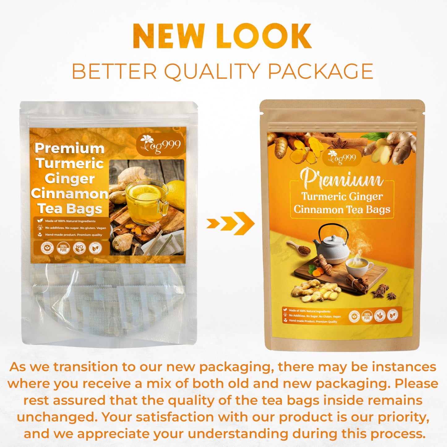 TOG999 Turmeric Ginger Cinnamon Tea - 120 Eco-Conscious Bags, No Sugar, Caffeine, Gluten, Vegan, Supports Digestion and Well-being