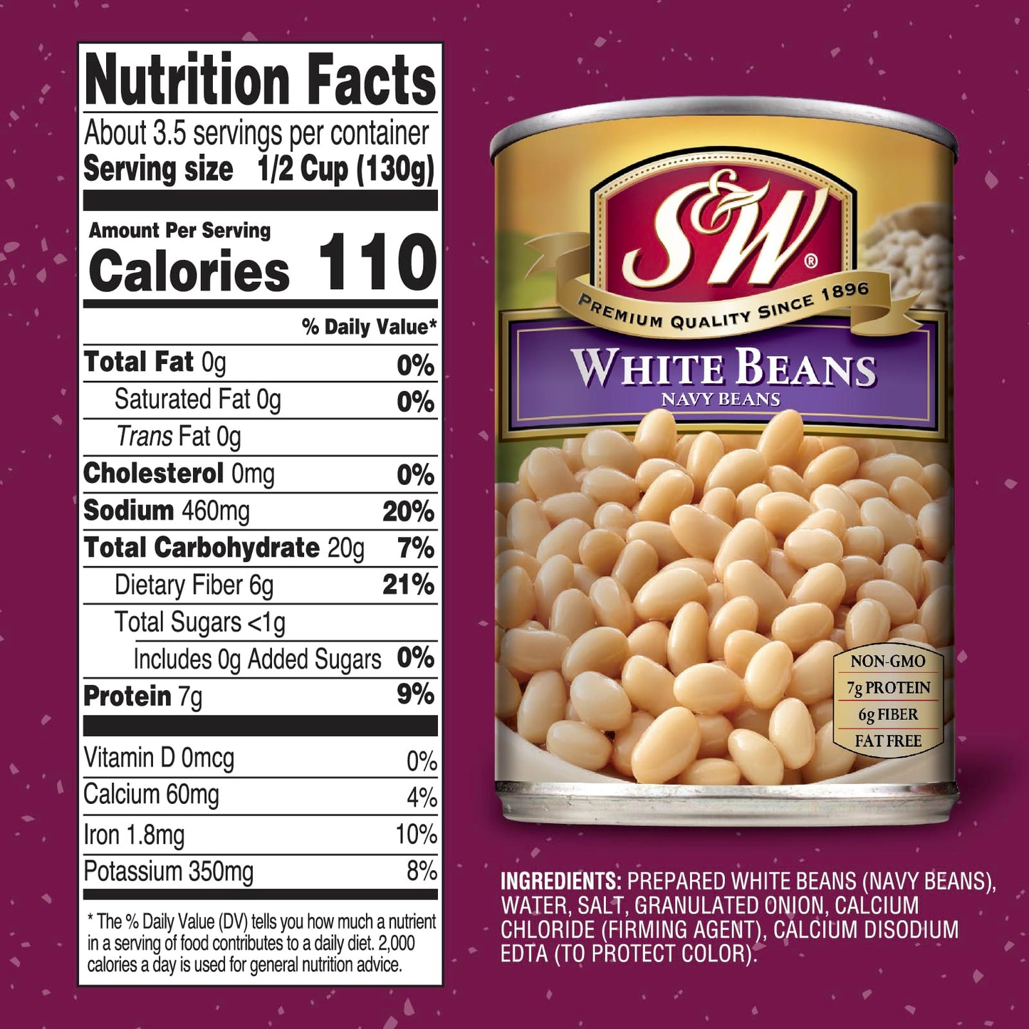 S&W Canned White Beans, Navy Beans, Plant Protein And Fiber, Gluten Free, Vegan, Fat Free, 12 Pack Of 15.5 Oz Cans