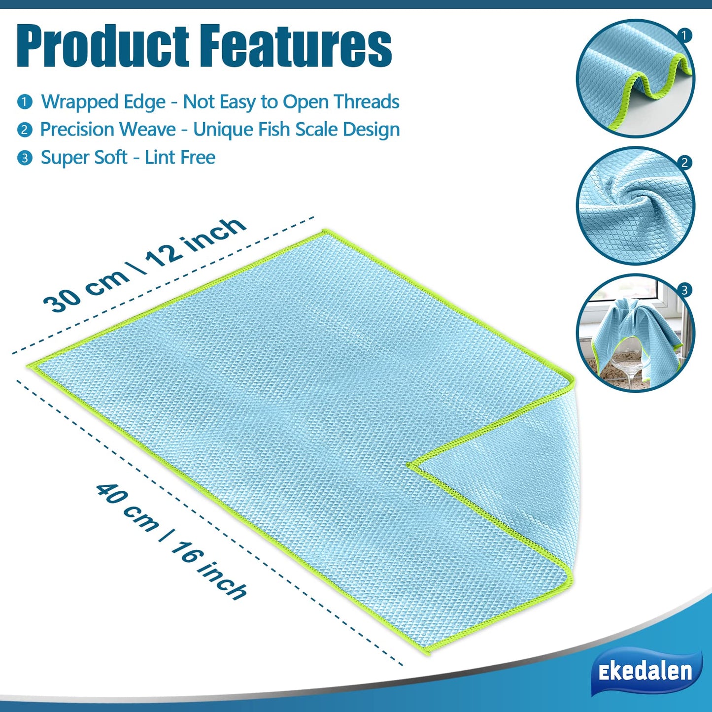 Ekedalen Miracle Microfiber Cleaning Cloths - Streak Free, Lint Free, 12x16, Light Grey, Reusable, Pack of 8 for Kitchen & Home