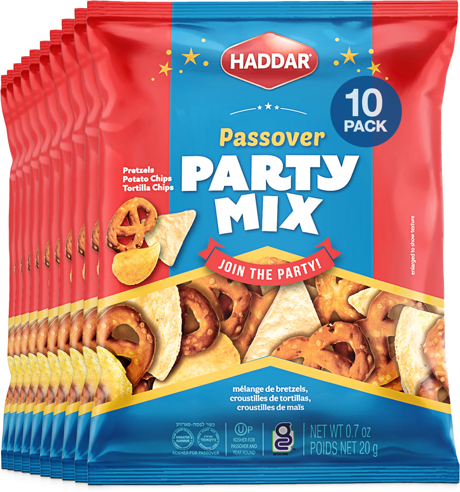 Haddar Gluten Free Snack Mix, 0.7oz (10 Pack) | Gluten Free Pretzels, Potato Chips, & Tortilla Chips Bar Mix | Kosher for Passov