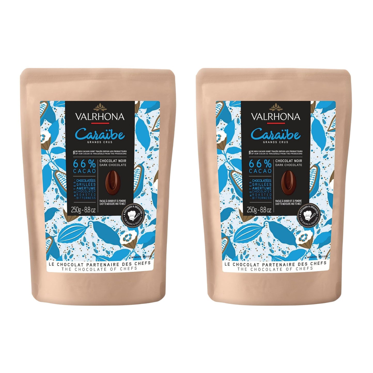 Valrhona Dark French Semisweet Chocolate Discs For Baking (Feves). Top-Grade Carabe 66% Cacao Grand Cru Blend. Playter Than Chocolate Chips  Perfect For Cookies  Cakes  Mousses  Frostings (Pack Of 2)