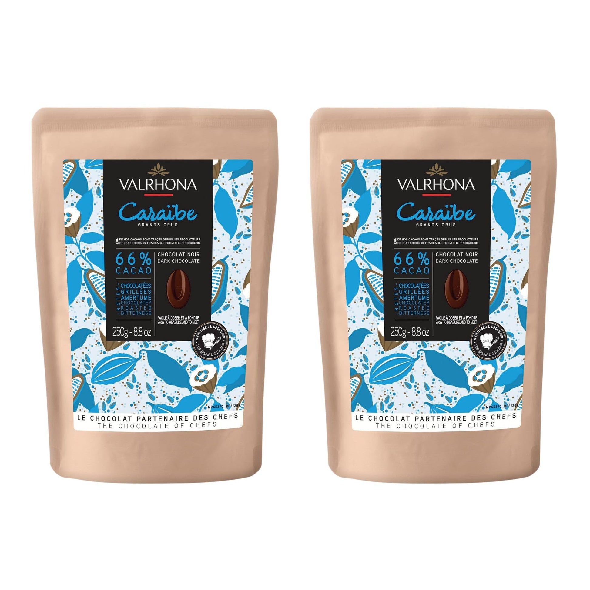 Valrhona Dark French Semisweet Chocolate Discs For Baking (Feves). Top-Grade Carabe 66% Cacao Grand Cru Blend. Playter Than Chocolate Chips  Perfect For Cookies  Cakes  Mousses  Frostings (Pack Of 2)