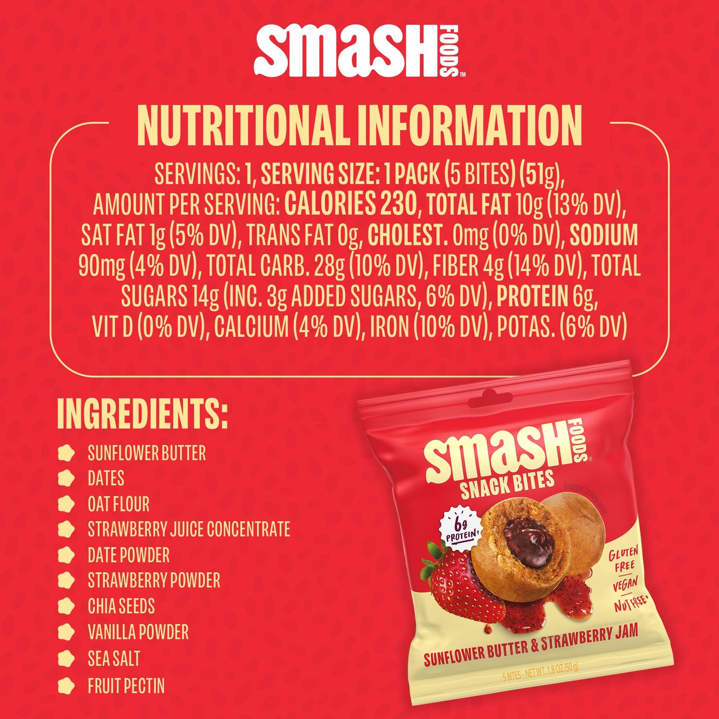 Smash Foods Strawberry Energy Bites | 5 Gluten-Free Vegan Snack Balls with No Sugar Added | 6g Protein, Superfood Jam, Chia Seed