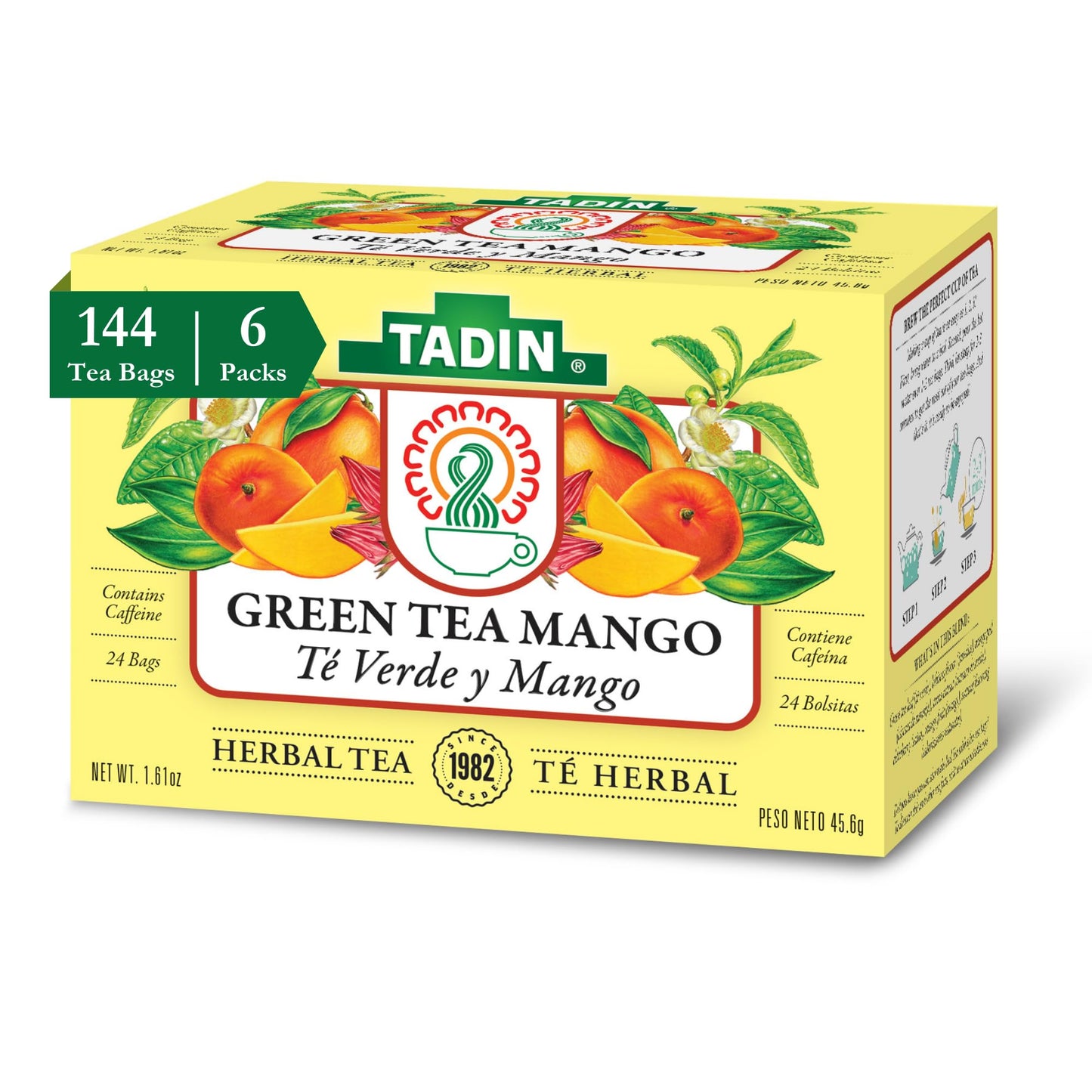 Tadin Mango Green Tea, Herbal Tea, Green Tea Bags, Caffeinated Tea, Tea Bags Individually Wrapped, 24 Tea Bags, Pack Of 6