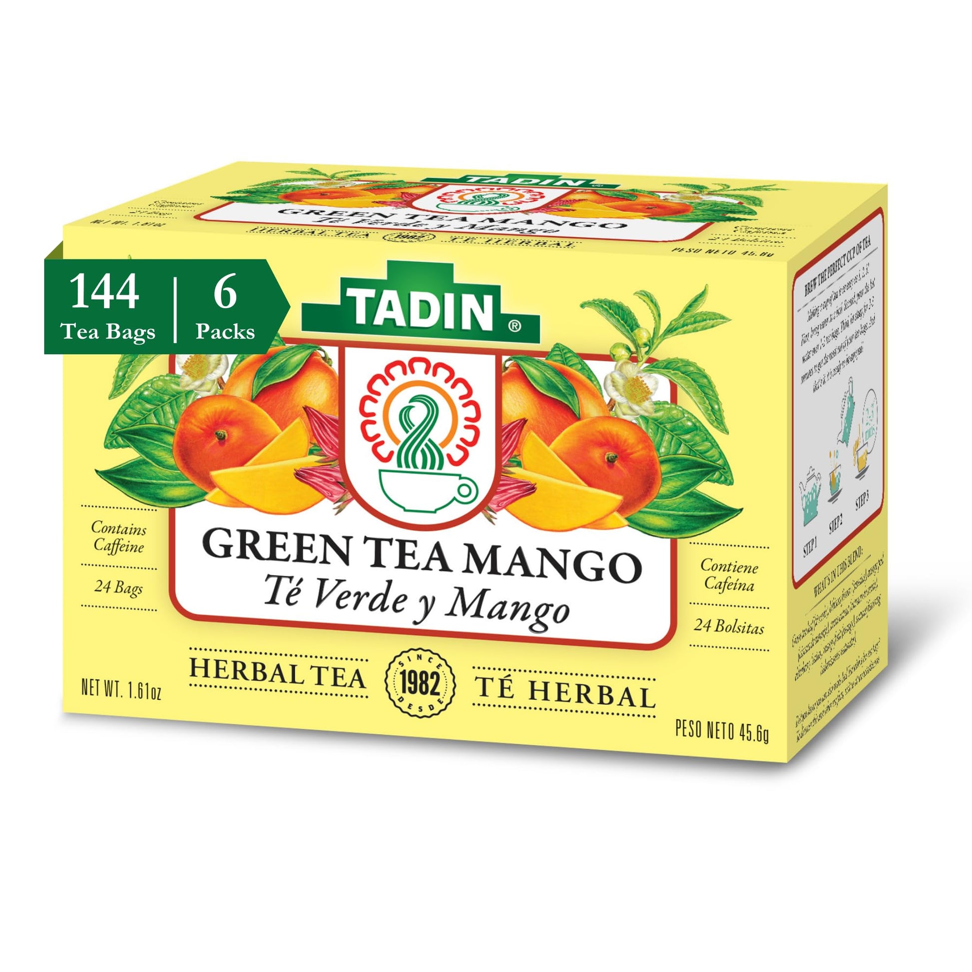 Tadin Mango Green Tea, Herbal Tea, Green Tea Bags, Caffeinated Tea, Tea Bags Individually Wrapped, 24 Tea Bags, Pack Of 6