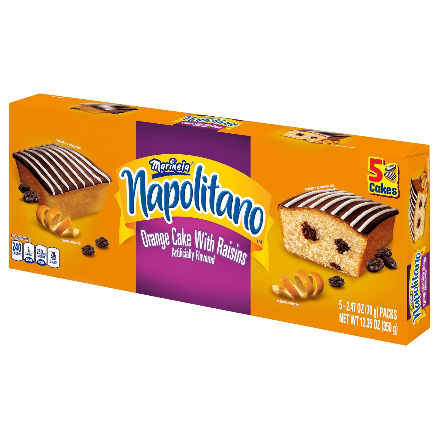 Marinela Napolitano Orange Cake With Raisins, 5 Individual Packs, (2.47 Oz Each), Snack Cakes, 12.35 Oz Box