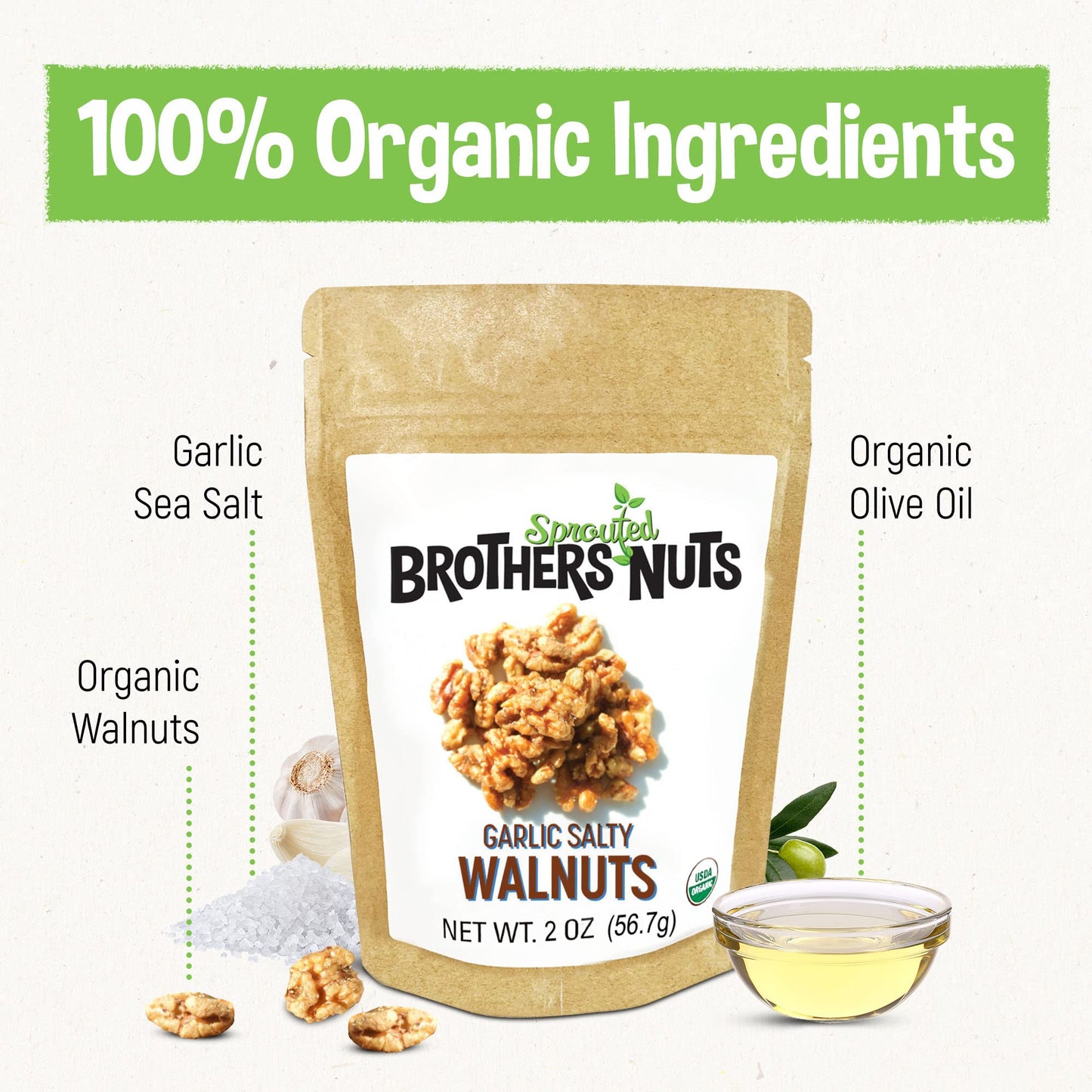 Brothers Sprouted Nuts Garlic Salty Walnuts – Organic, Vegan, Gluten-Free – 2 oz