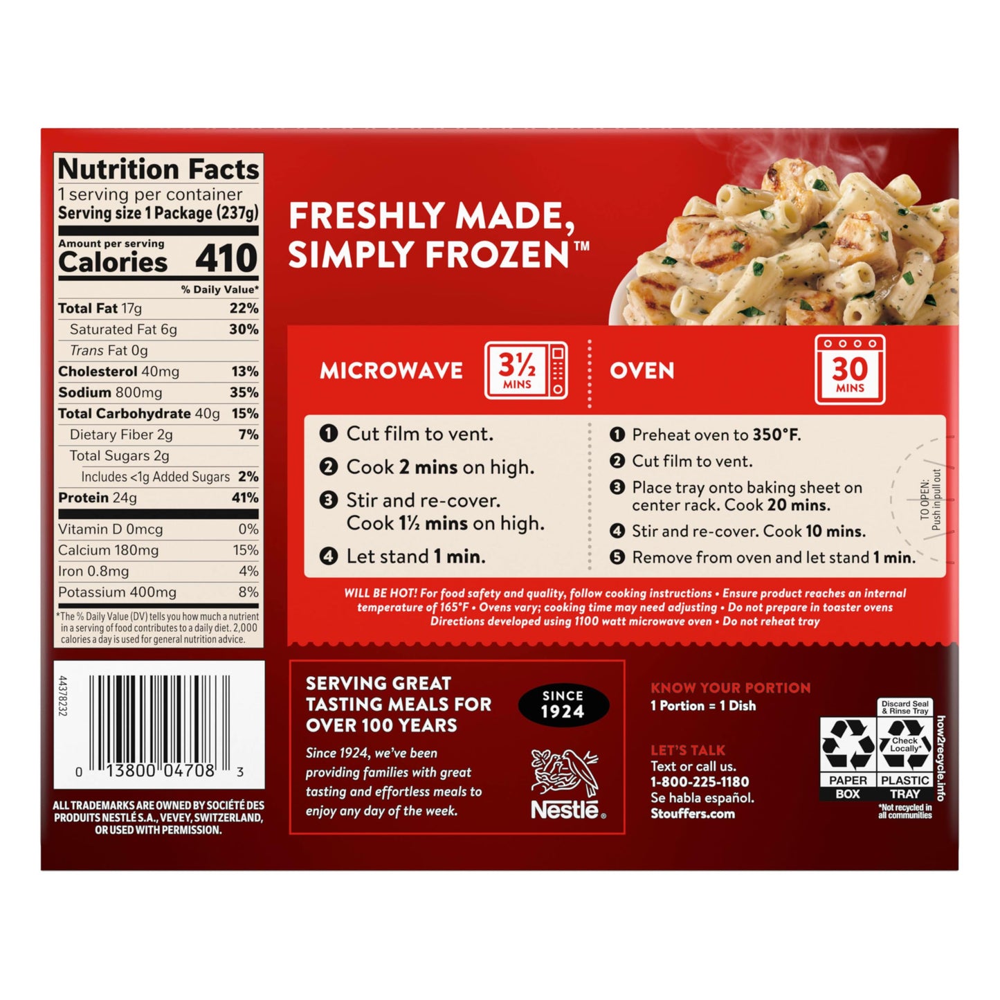 Stouffers Chicken Pesto Rigatoni, Single Serve, Frozen Chicken Pasta, Oven or Microwave Dinners, Single Frozen Meals