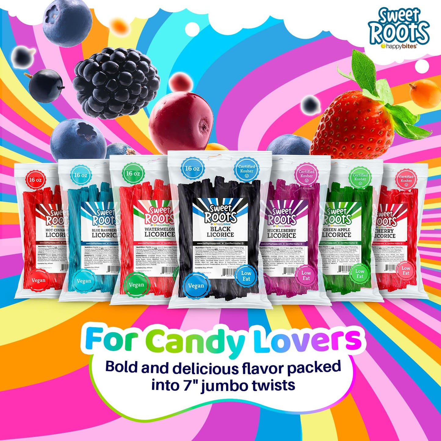 Happy Bites Blue Raspberry Licorice Twists (16 Oz) - Jumbo Size - Made With Real Fruit Juice - Certified Kosher - Vegan - Gourme