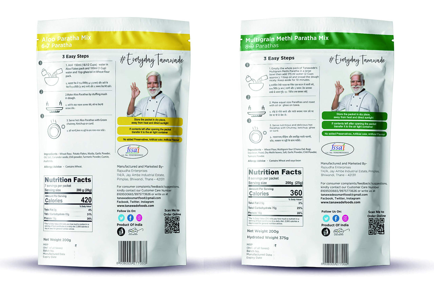 Tanawades Smart Food Paratha Combo, Instant Aloo Paratha, Methi Paratha Mix, Ready To Cook, Home Food With Hand Picked Flavours,