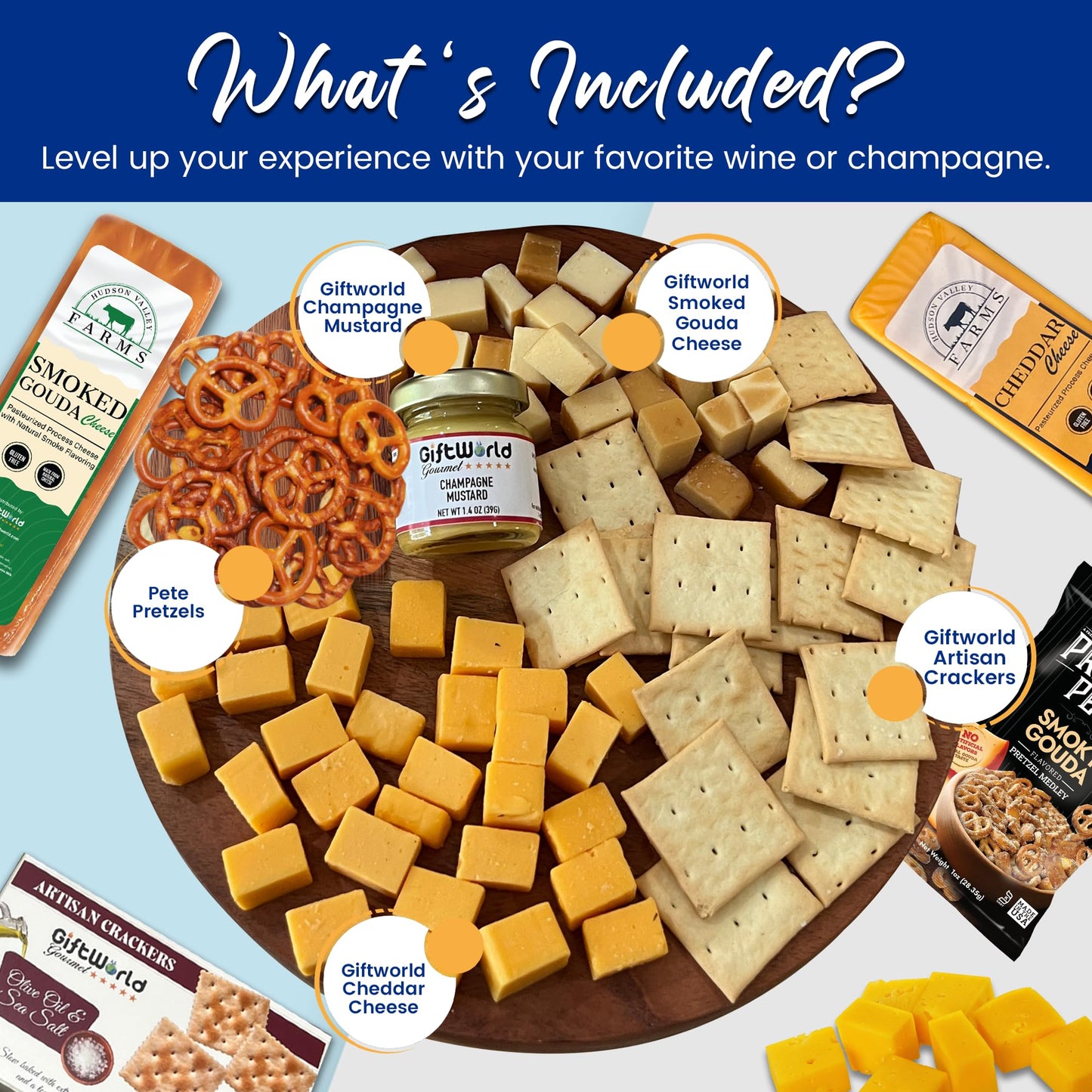 GiftWorld Cheese Gift Baskets Assortment Bundle - 5 Gourmet Food Items for Charcuterie Board, 24 Ounce