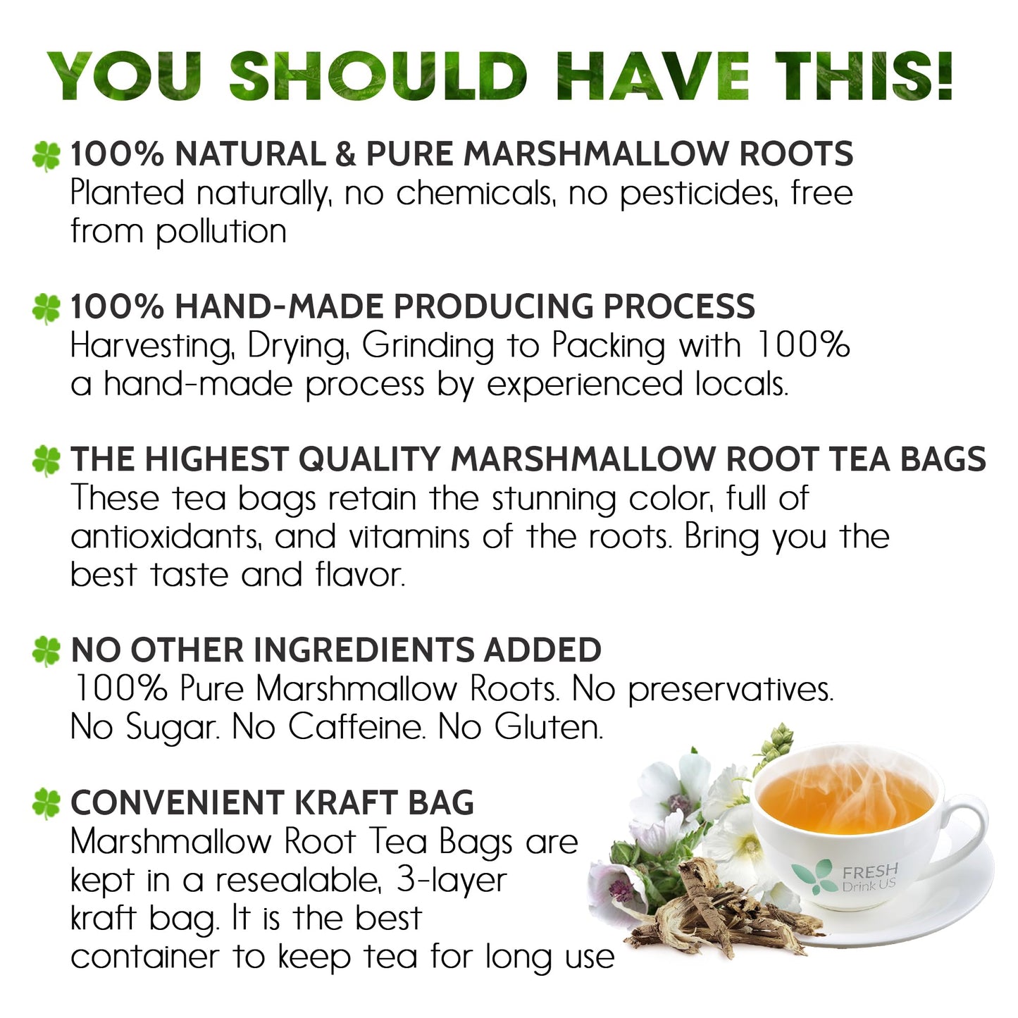 FRESHDRINKUS Premium Marshmallow Root Herbal Tea Bags, 100% Natural, Vegan, 55 Count