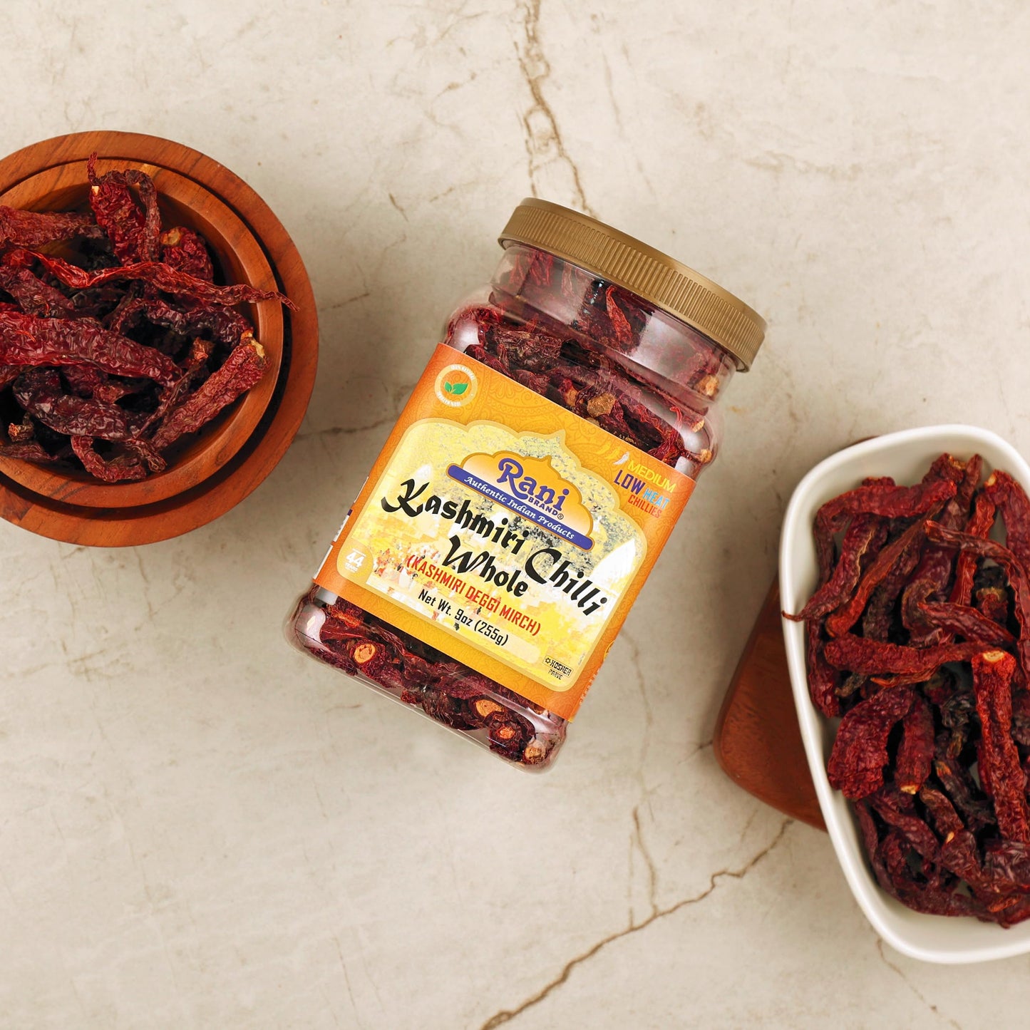 Rani Kashmiri Chilli Whole (Deggi Mirch, Low Heat) 9Oz (255G) Pet Jar ~ Natural | Salt-Free | Vegan | No Colors | Gluten Friendly | Non-Gmo | Kosher | Indian Origin