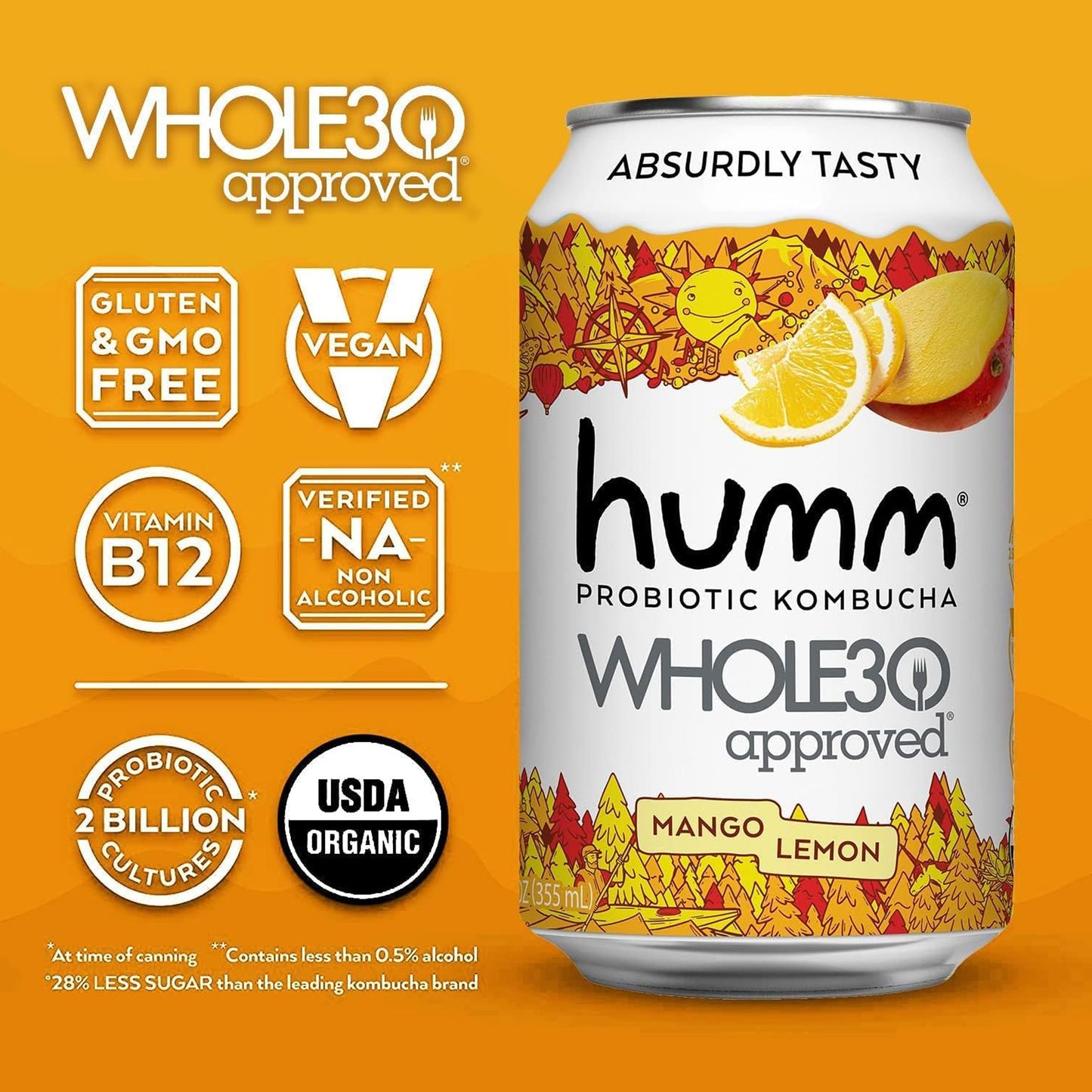 Humm Whole30 Approved Kombucha - Mango Lemon - Organic, Vegan & GMO-Free (12 Pack)