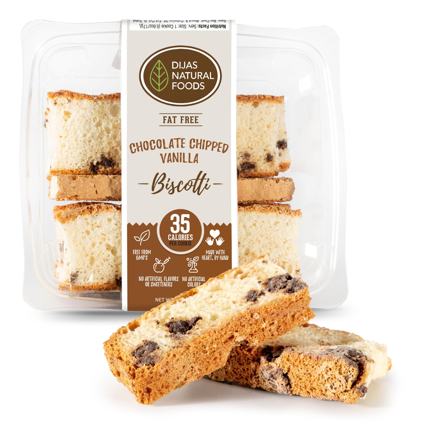 Dijas Natural Foods, Crunchy Fat Free Biscotti Cookie, All Natural Preservative Free Ingredients, Delicious Low Calorie Snack (5 Ounces, Chocolate Chipped Vanilla)