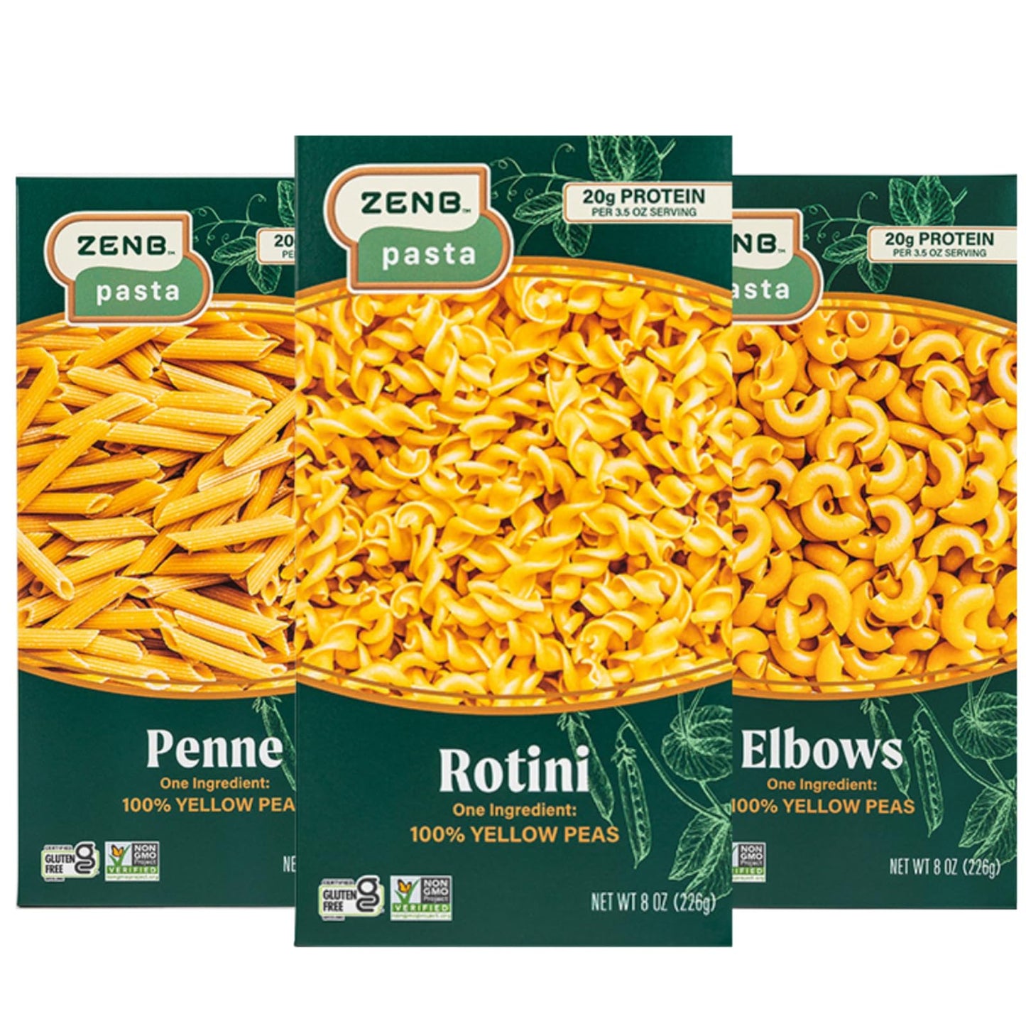 ZENB Plant Based Rotini, Elbow, and Penne Variety Pack Pasta - Made From 100% Yellow Peas, Gluten Free, Non-GMO & Vegan, 20g of 