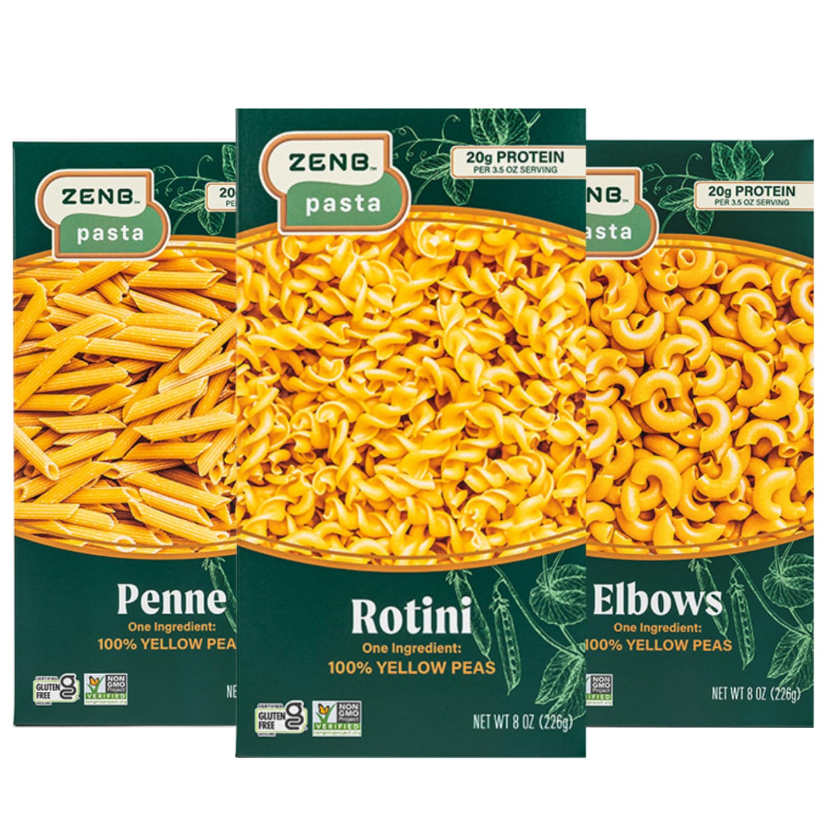 ZENB Plant Based Rotini, Elbow, and Penne Variety Pack Pasta - Made From 100% Yellow Peas, Gluten Free, Non-GMO & Vegan, 20g of 