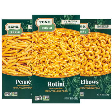 ZENB Plant Based Rotini, Elbow, and Penne Variety Pack Pasta - Made From 100% Yellow Peas, Gluten Free, Non-GMO & Vegan, 20g of 