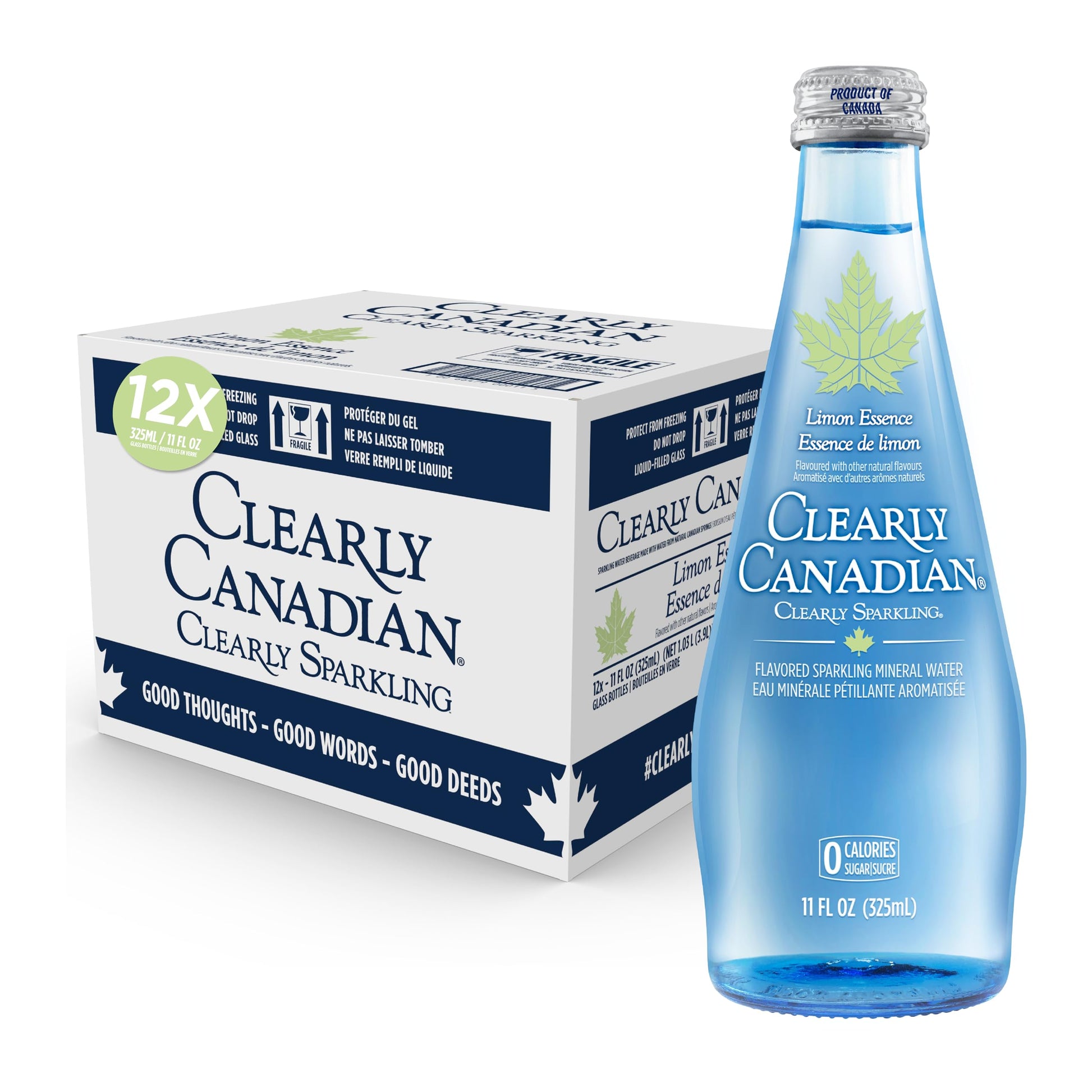 Clearly Canadian Sparkling Mineral Water, Unsweetened Limon Essence, Zero Sugar, Zero Calories, 12 Bottles x 11 Fl Oz (325mL)
