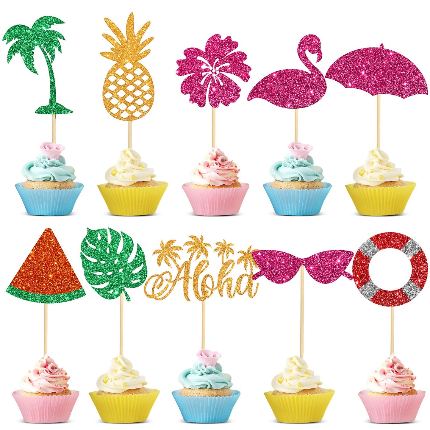 Epakh Summer Beach Cupcake Toppers, 100 Pcs Hawaiian Theme Cake Picks, Paper/Bamboo, 20.5 x 14.5 x 3.5 cm, Vibrant Summer