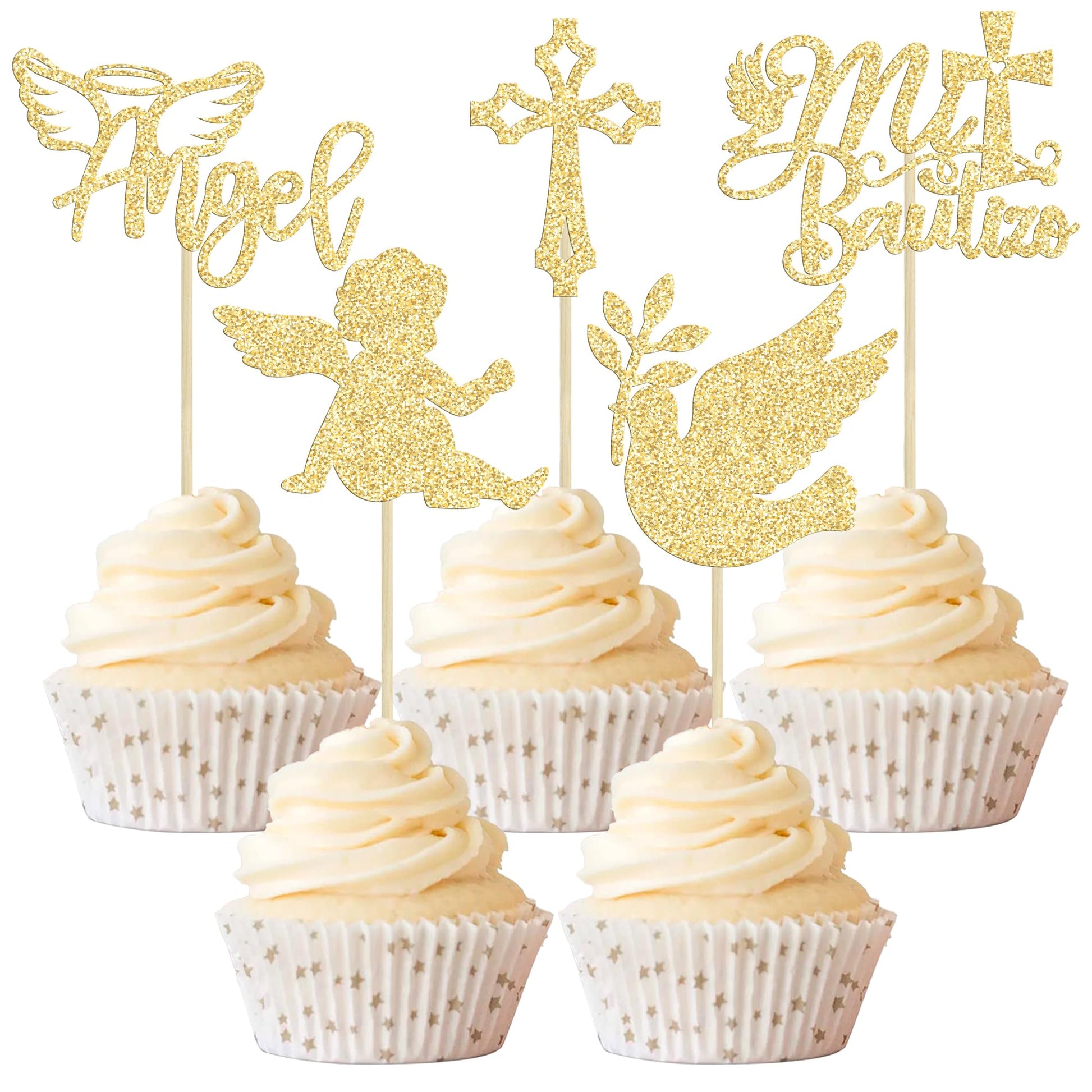 Gyufise 30Pcs Mi Bautizo Cupcake Toppers Gold Glitter Cross Angel Dove Cupcake Toppers Angel Religious God Bless Cupcake Picks F