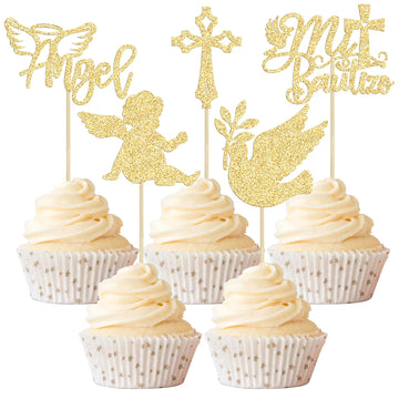 Gyufise 30Pcs Mi Bautizo Cupcake Toppers Gold Glitter Cross Angel Dove Cupcake Toppers Angel Religious God Bless Cupcake Picks F