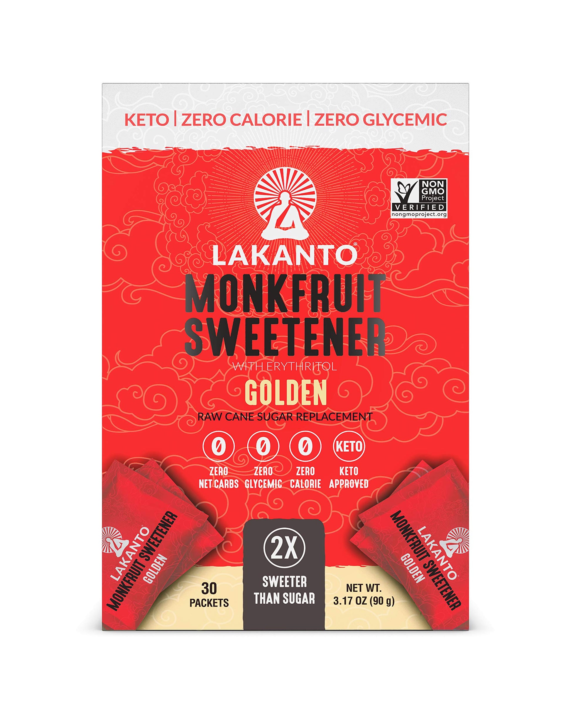 Lakanto Golden Monk Fruit Sweetener Packets - Zero Calorie Sugar Replacement, 30 Count, 3g Each, Ideal for Coffee and Desserts