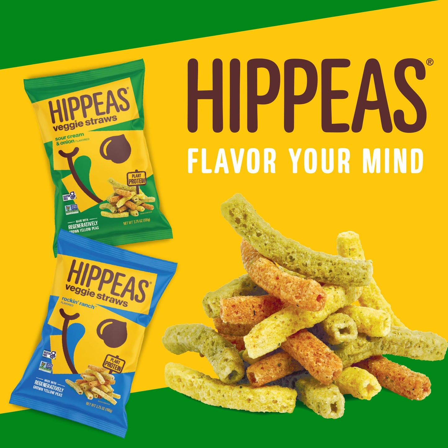 Hippeas Veggie Straws, Variety Pack: Straight Up Sea Salt, Sour Cream & Onion, Rockin Ranch, 0.75 Ounce (Pack Of 18), 2G Protein