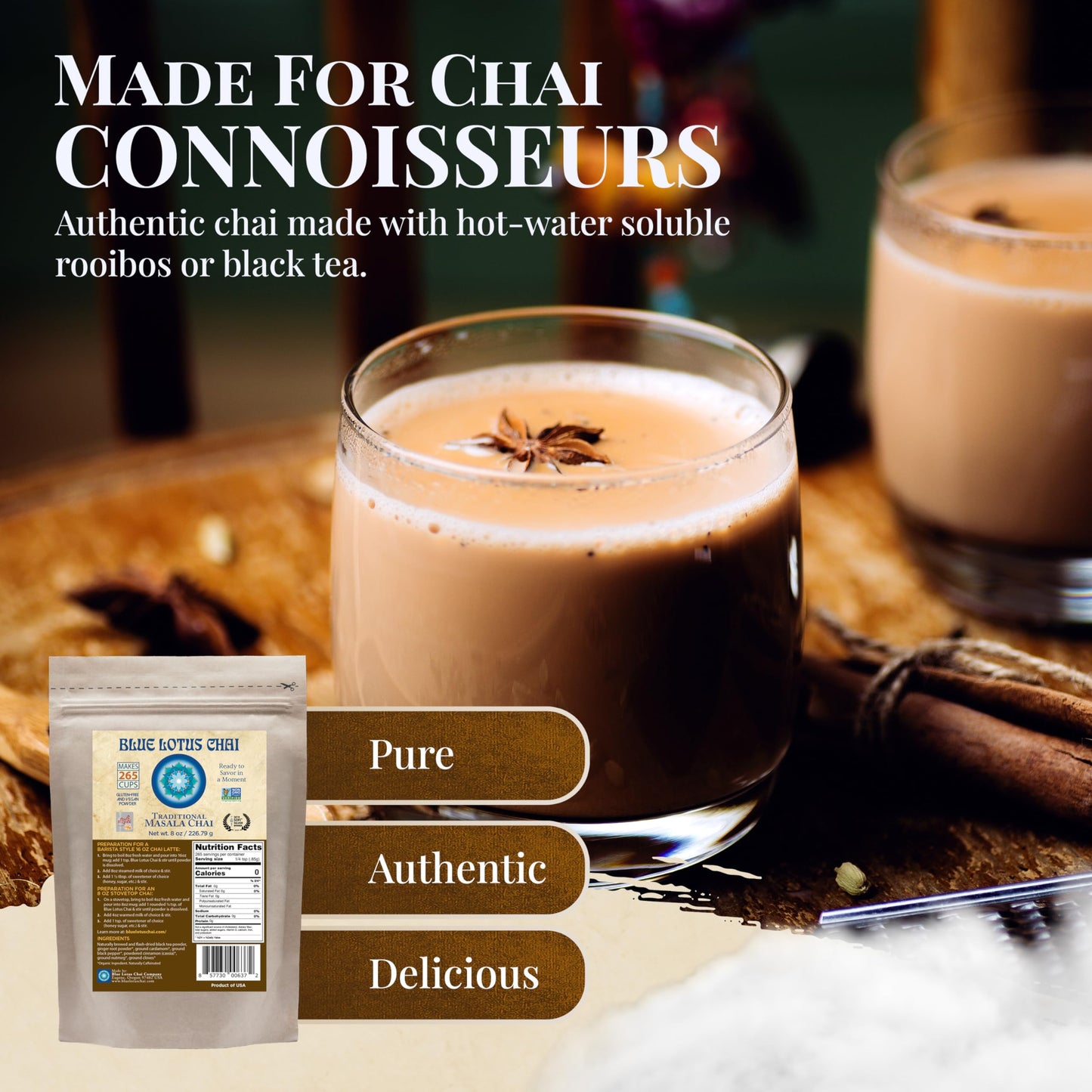 Blue Lotus Chai - Traditional Masala Chai - Makes 265 Cups - Just Add Hot Water, No Steeping, No Gluten - 8 Ounce Masala Spiced