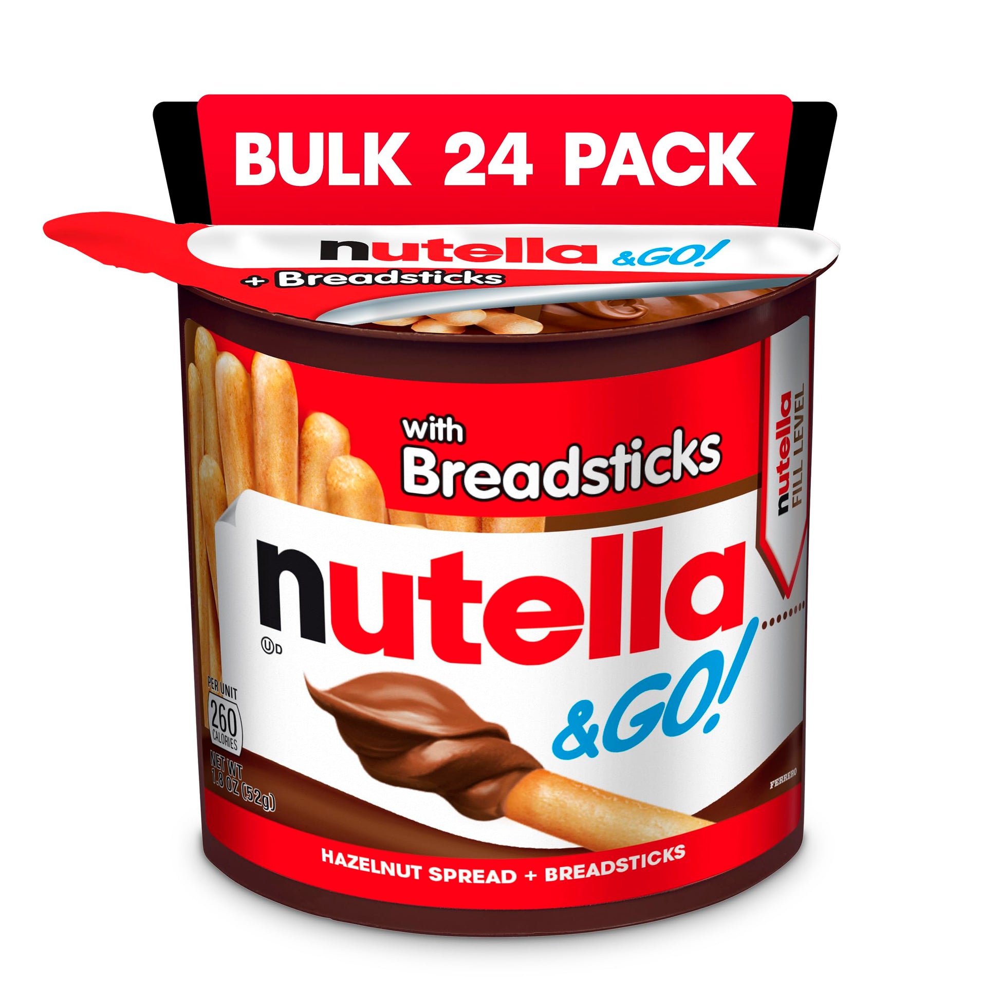 Nutella & GO! Hazelnut Cocoa Spread with Breadsticks, 1.8 oz Each, Bulk 24 Pack, Brown