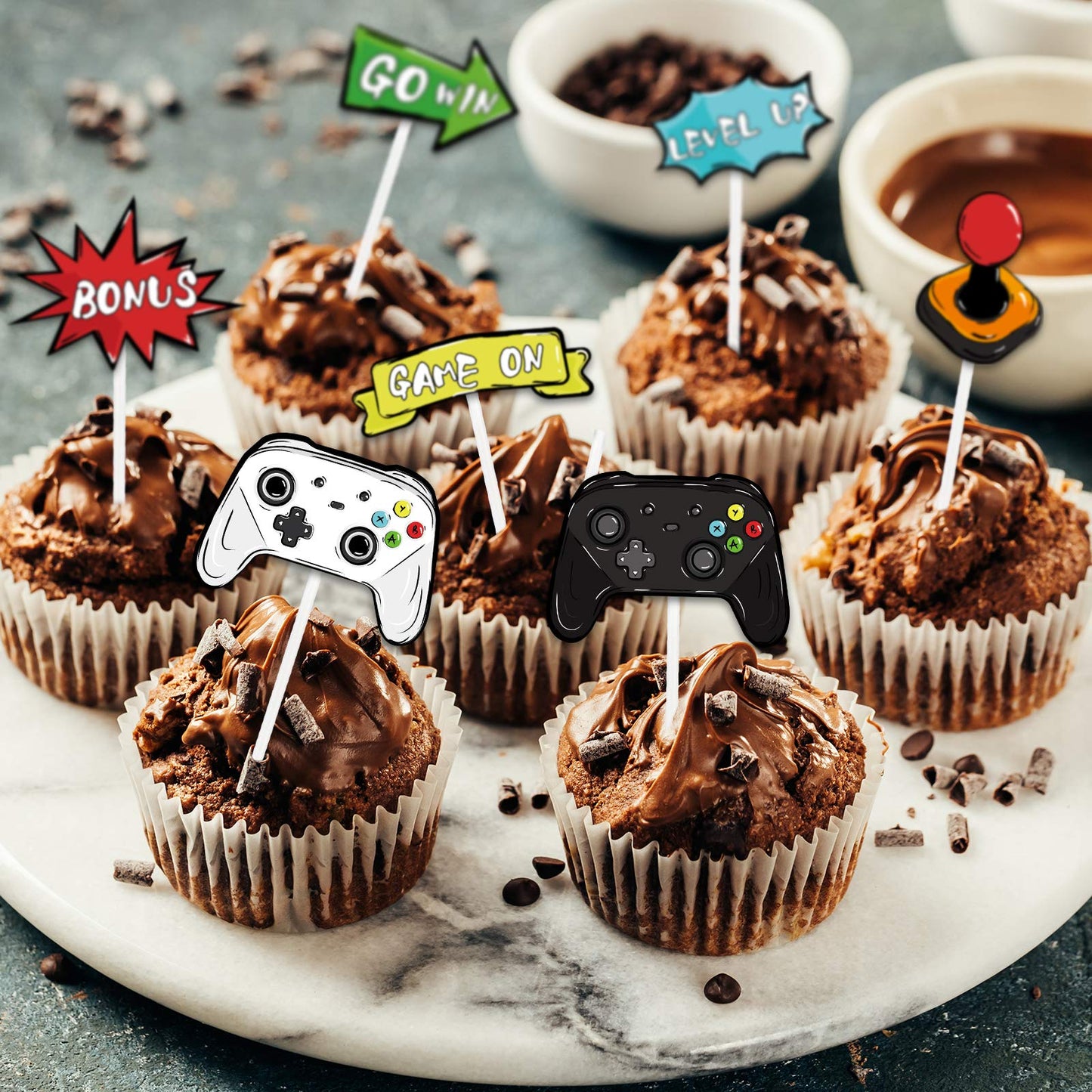 Wernnsai Watercolor Video Game Party Cupcake Toppers - 35 Pieces Game Theme Party Supplies For Boys Kids Birthday Party Cupcake