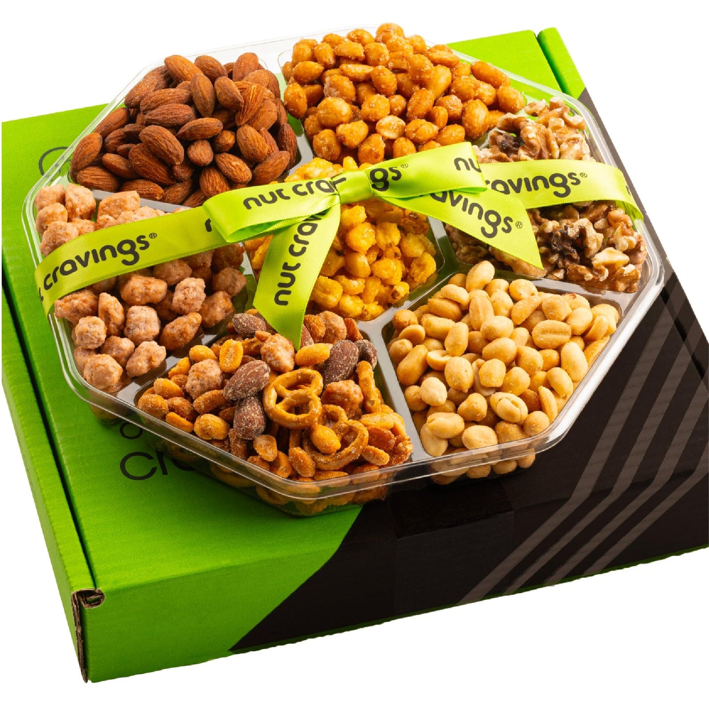 NUT CRAVINGS Fathers Day Gourmet Dad Treats - Mixed Nuts Gift Basket + Green Ribbon Classic (7 Assortments, 1 LB) Food Arrangeme