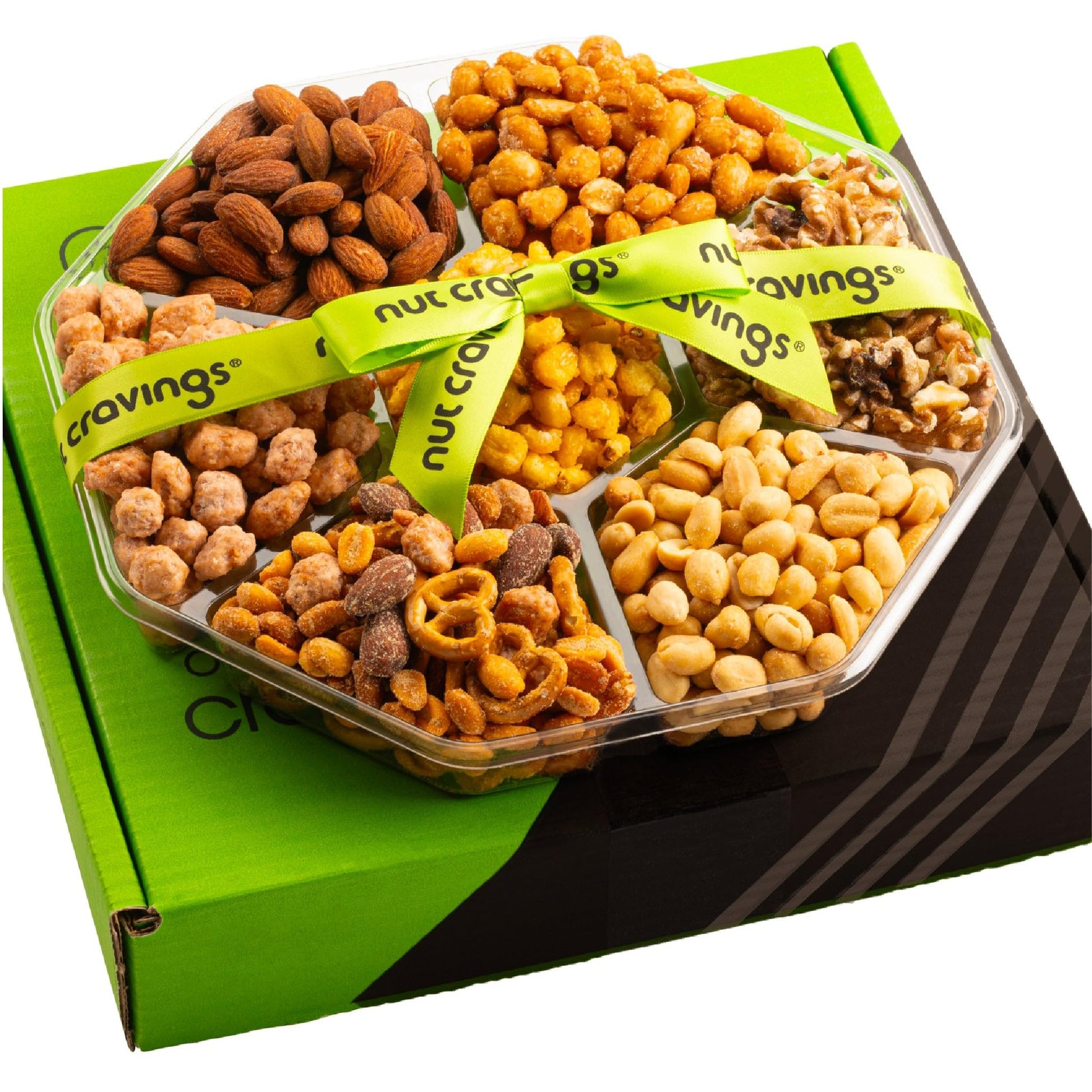 NUT CRAVINGS Fathers Day Gourmet Dad Treats - Mixed Nuts Gift Basket + Green Ribbon Classic (7 Assortments, 1 LB) Food Arrangeme