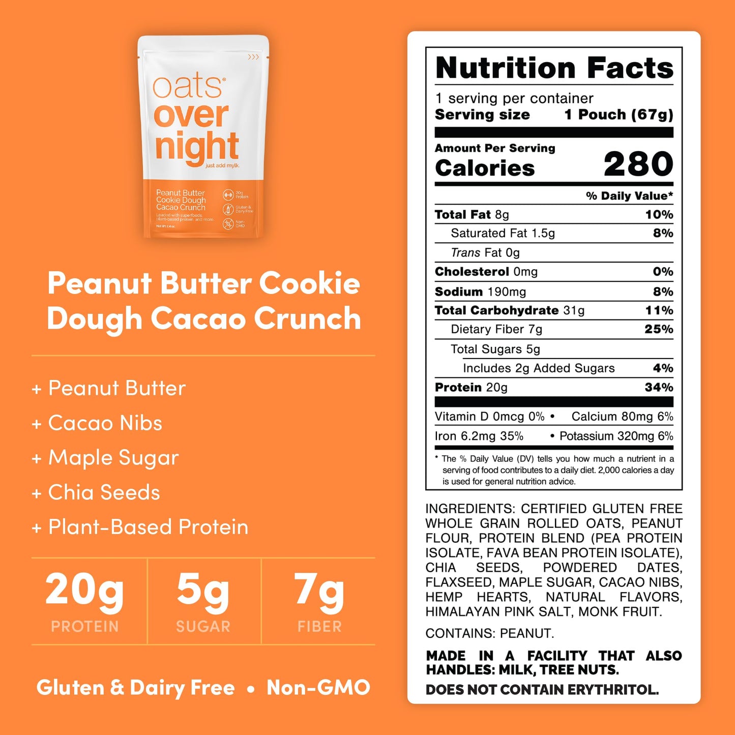 Oats Overnight Vegan Overnight Oats Protein Shake, Peanut Butter Cookie Dough Cacao Crunch, 20g Protein, 2.4 oz (Pack of 24)