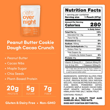 Oats Overnight Vegan Overnight Oats Protein Shake, Peanut Butter Cookie Dough Cacao Crunch, 20g Protein, 2.4 oz (Pack of 24)