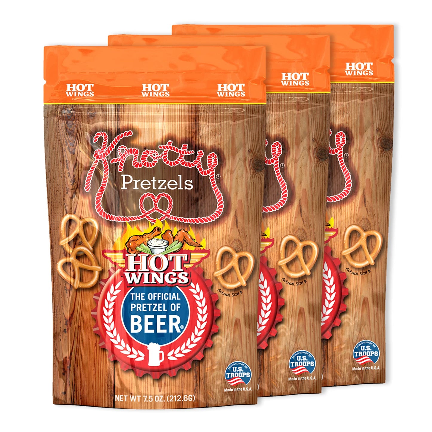 Knotty Pretzels Seasoned Pretzels, Hot Wings Flavor, 7.5 oz Individual Bags, 3-Pack