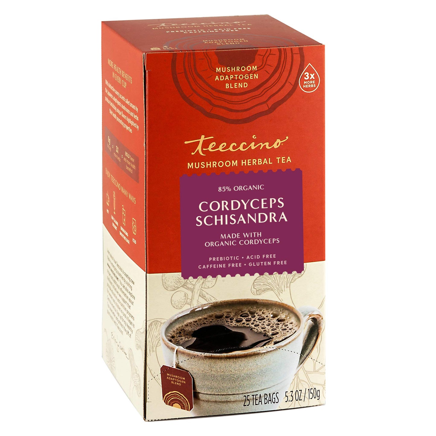 Teeccino Cordyceps Schisandra Tea - Cinnamon Berry - Energy Blend Free Mushroom Adaptogenic Herbal Tea  3X More Herbs Than Regular Tea Bags  Naturally Sweet  Gluten Free  Prebiotic - 25 Tea Bags