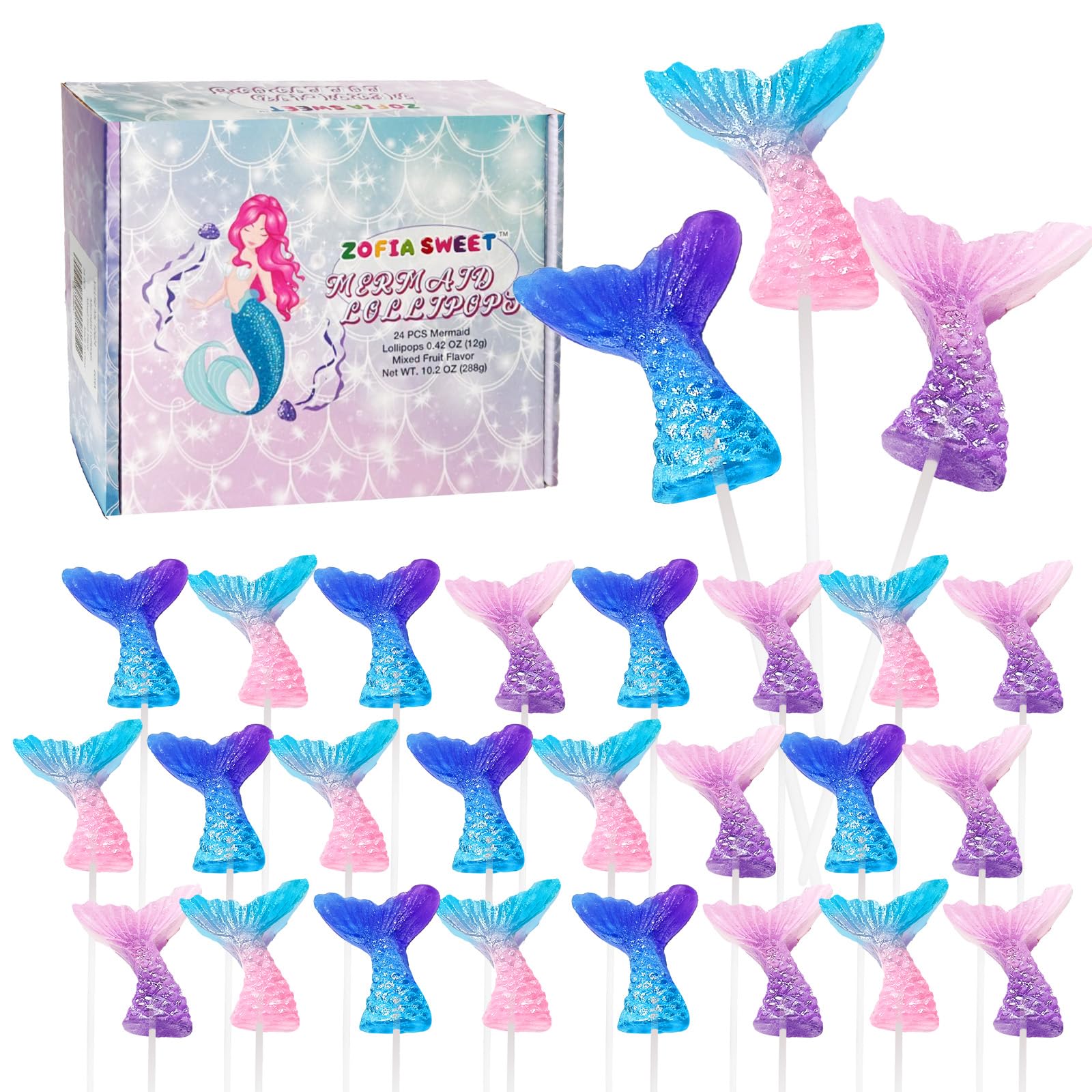 ZOFIA SWEET Mermaid Lollipops 24pk, Multi Color Mermaid Tail Candy for Birthday Party Favors