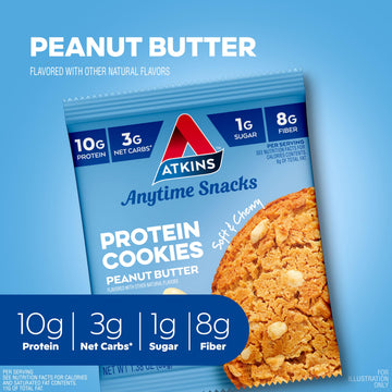 Atkins Peanut Butter Protein Cookie, Protein Dessert, Rich in Fiber, 3g Net Carb, 1g Sugar, Keto Friendly, 4 Count